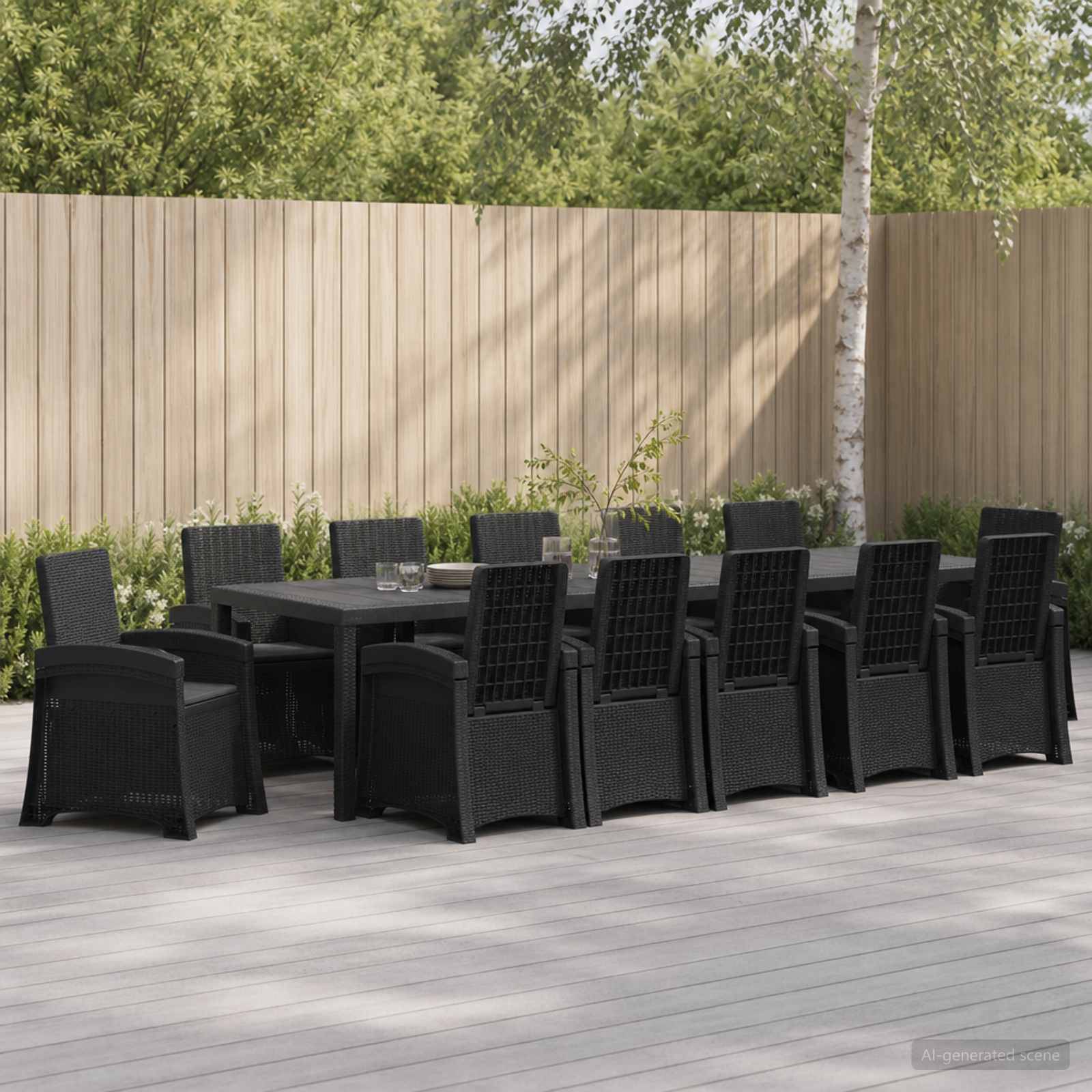 Gartenmöbel-Set mit langem schwarzem Tisch und mehreren passenden Stühlen, die auf einer Terrasse neben einem Holzzaun und Bäumen angeordnet sind.