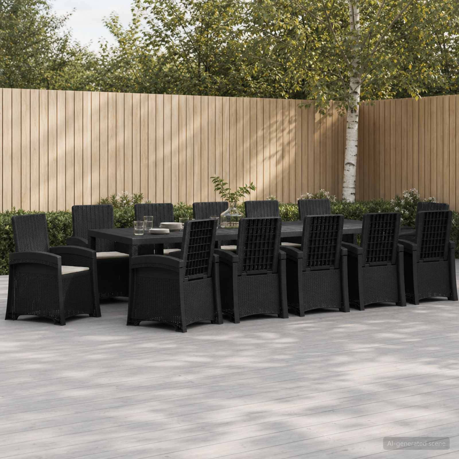 Outdoor-Essbereich auf der Terrasse mit einem langen dunklen Tisch, umgeben von schwarzen Korbstühlen neben einem Holzzaun und Bäumen.