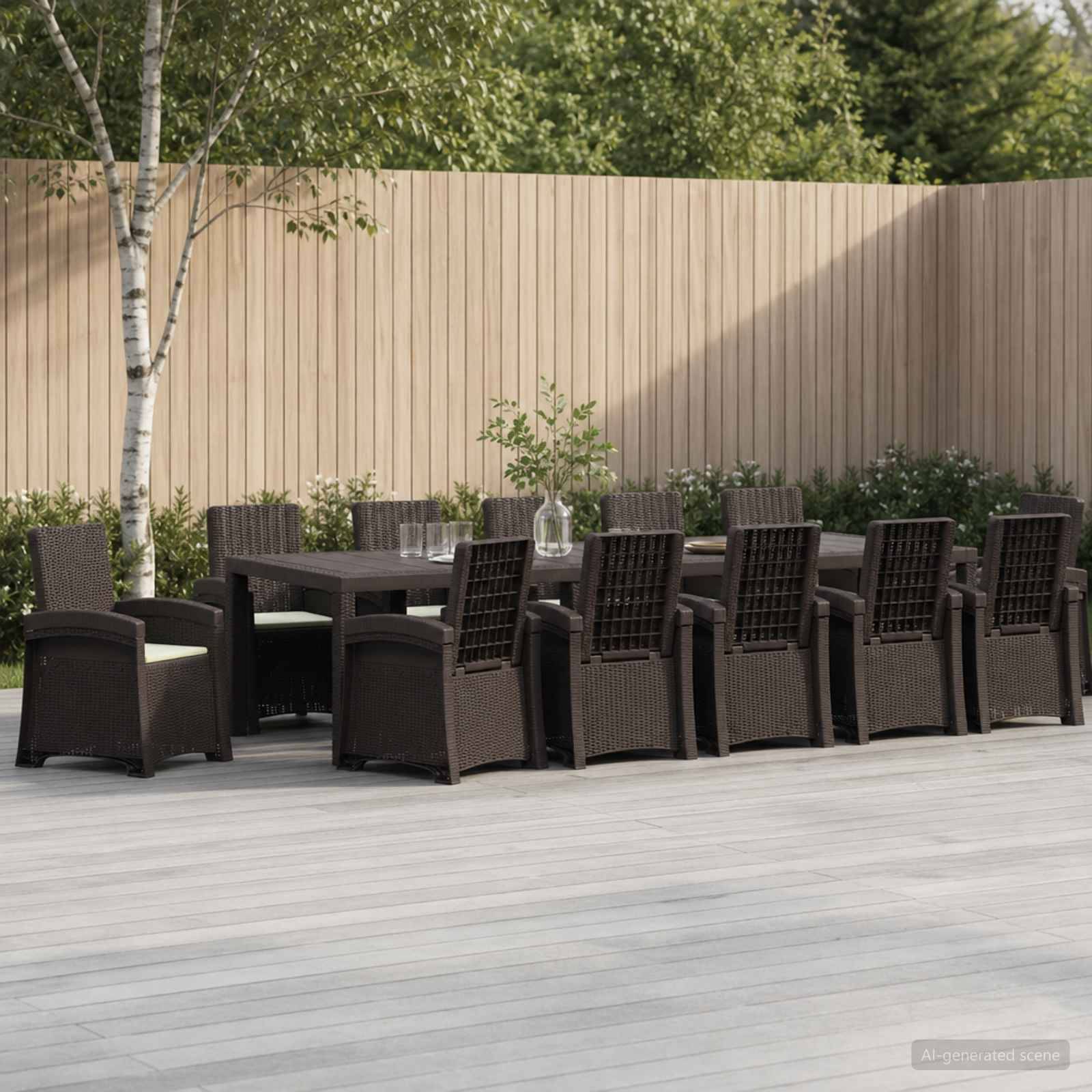 Speisegarnitur für die Terrasse im Freien mit einem langen rechteckigen Tisch und zwölf dunkelgeflochtenen Stühlen auf einem Holzdeck neben einem beigen Zaun und Grünflächenbestand.