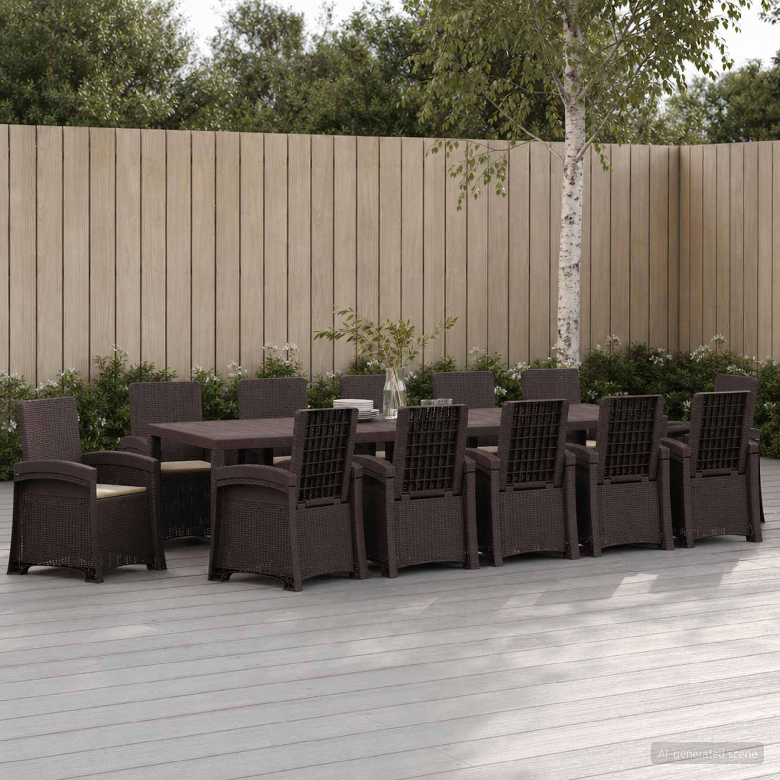 Outdoor-Essbereich mit langem Tisch und mehreren Korbstühlen auf einer Terrasse neben einem Holzzaun und Bäumen.