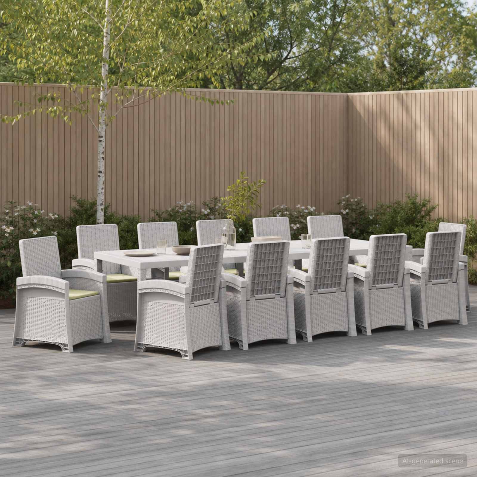 Essbereich auf der Terrasse im Freien mit einem großen rechteckigen Tisch und zehn geflochtenen Stühlen, die auf einem Holzsteg in einem gestalteten Garten angeordnet sind.
