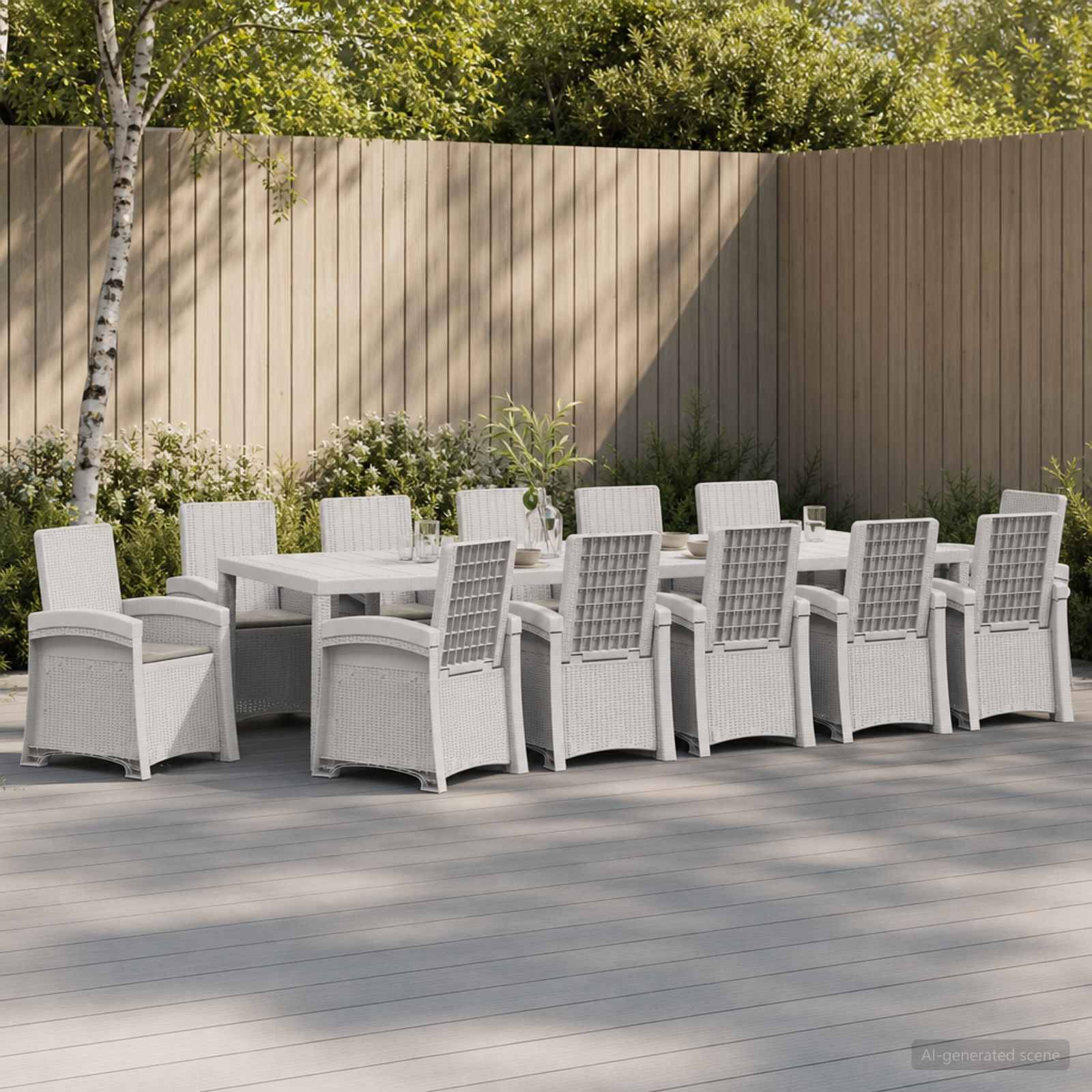 Esszimmer-Gartenmöbel aus weißem Polyrattan mit Stühlen um einen rechteckigen Tisch auf einer gepflasterten Terrasse neben einem Holzzaun und Grünanlagen.