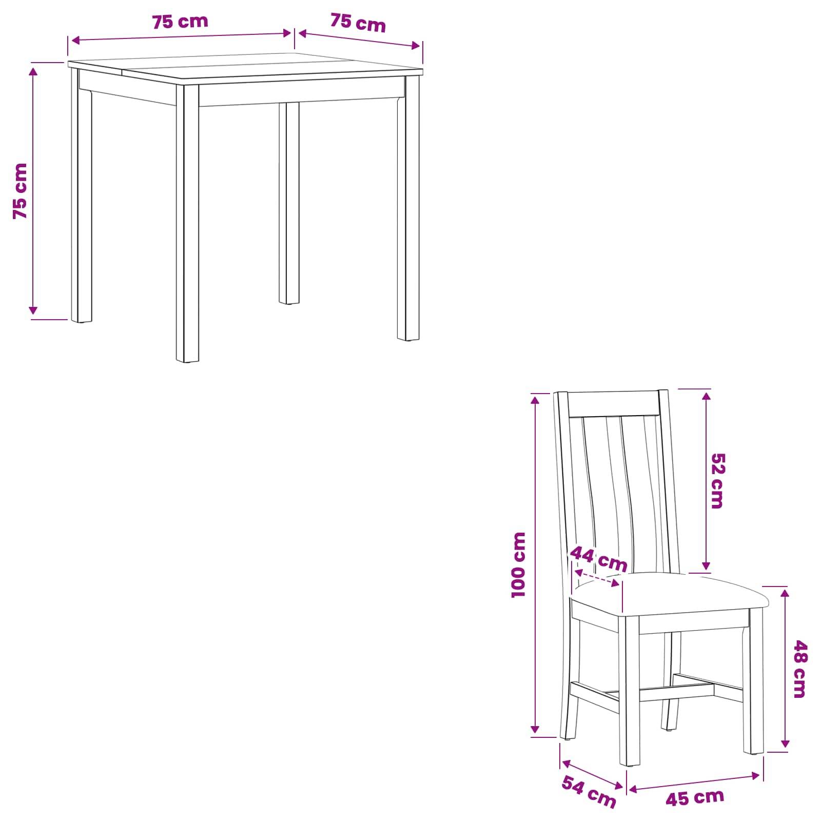 Diagramm mit einem quadratischen Tisch und passendem Stuhl mit Abmessungen: Tisch 75 cm × 75 cm, 75 cm hoch; Stuhl 100 cm hoch, 52 cm Rückenlehne, 48 cm Sitzfläche, 54 cm tief und 45 cm breit.
