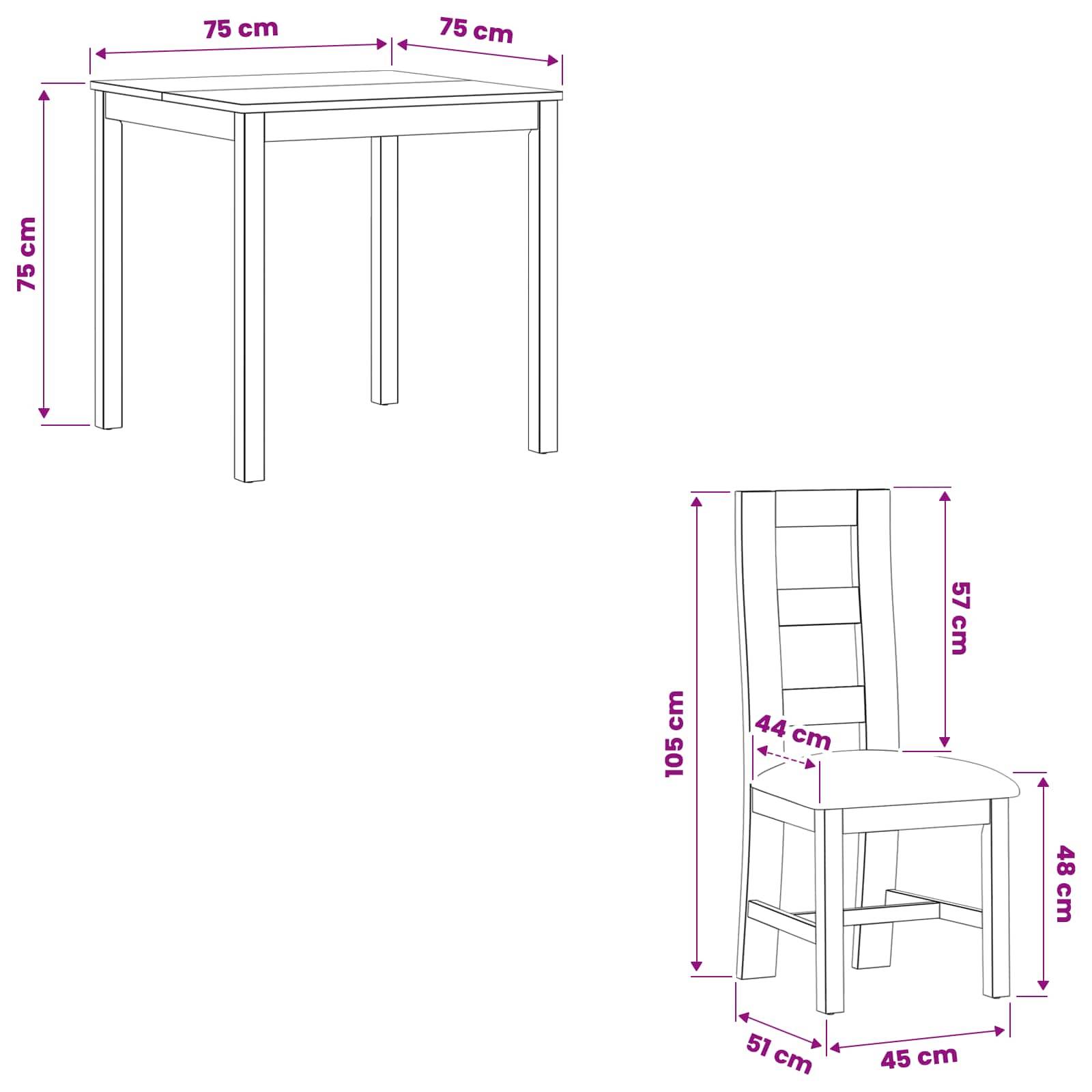 Dimensionsdiagramm eines quadratischen Tisches und eines passenden Stuhls mit Tischgröße 75 cm x 75 cm und Höhe 75 cm; die Stuhlabmessungen umfassen 105 cm Rückenlehne, 57 cm Sitzhöhe der Rückenlehne, 48 cm Sitzhöhe, 51 cm Tiefe und 45 cm Breite.