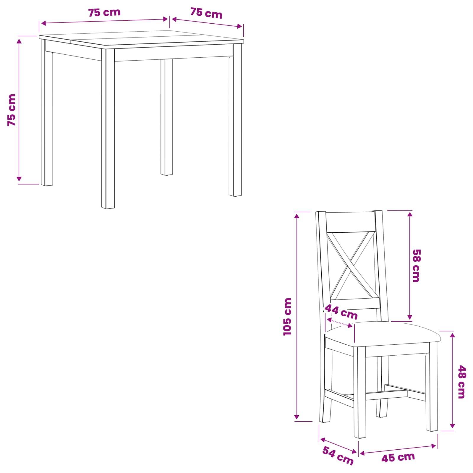 Dimensionszeichnung eines quadratischen Tisches und eines Stuhls: Der Tisch ist 75 cm breit und 75 cm hoch; der Stuhl ist 105 cm hoch, 58 cm Rückenlehne, 44 cm Sitzbreite, 54 cm Tiefe, 45 cm breit und 48 cm Sitzhöhe.