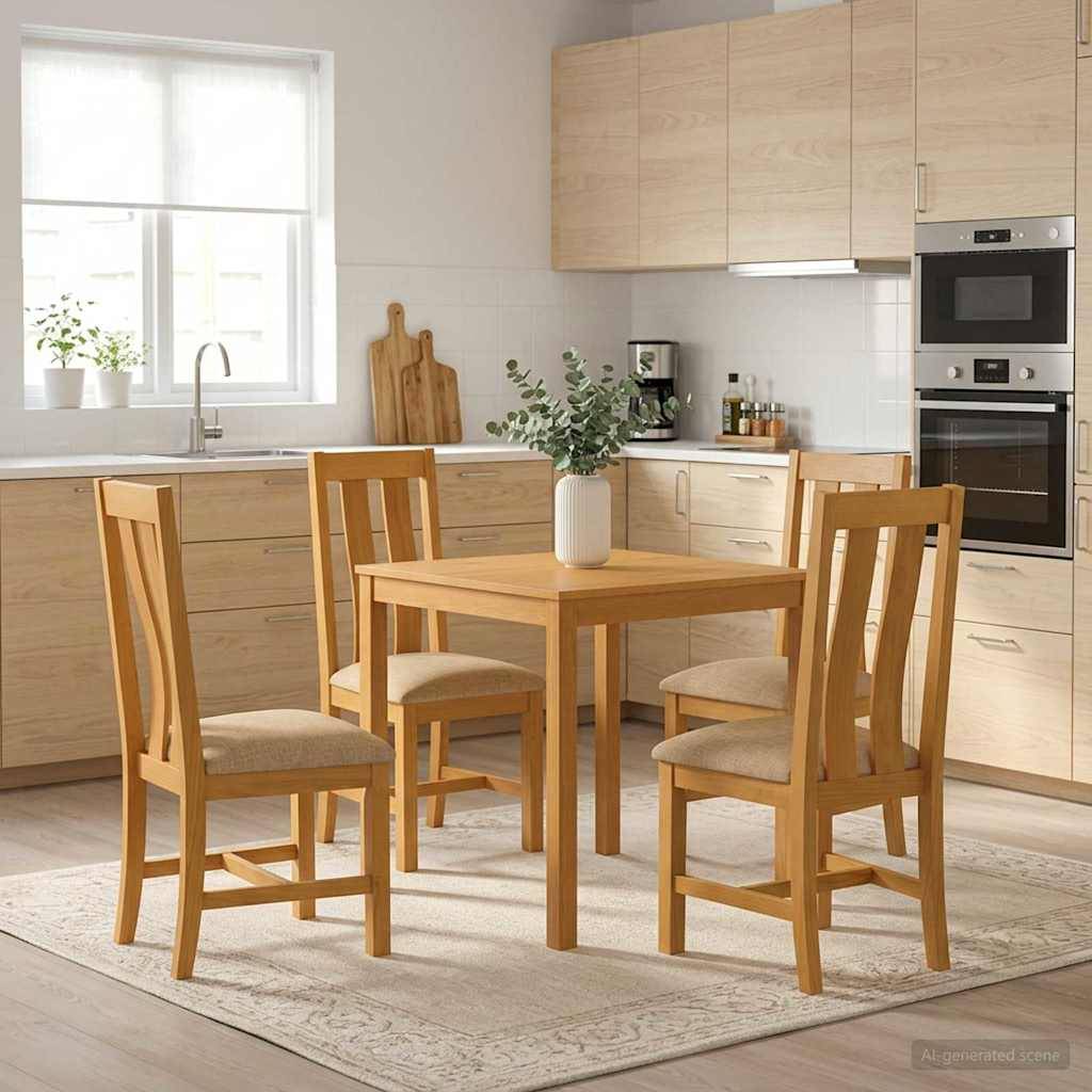 Moderne Küche mit hellem Holz, quadratischem Esstisch, vier Stühlen und einer Vasenmittelstück neben einem hellen Fenster und eingebautem Ofen.
