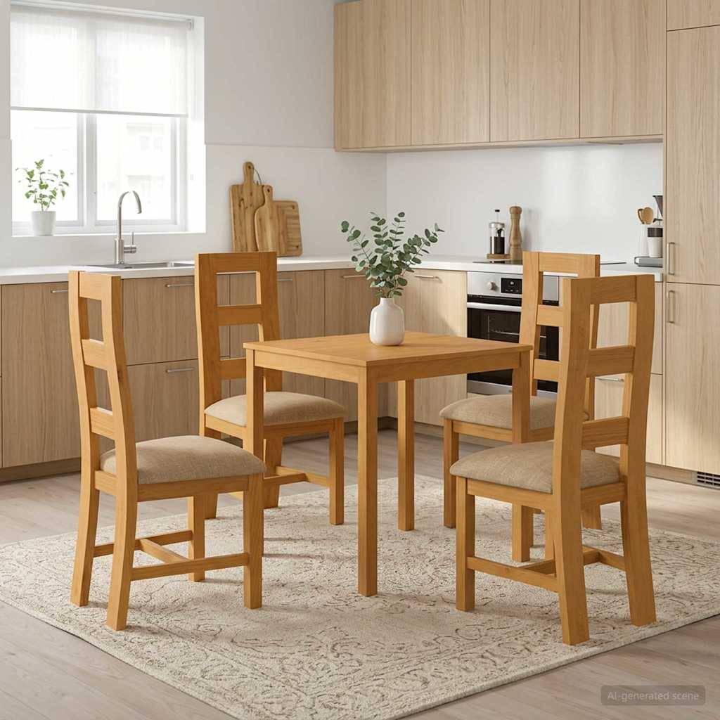 Moderner Essbereich aus hellem Holz mit quadratischem Tisch, vier Stühlen und Vasenmittelstück in einer hellen, minimalistischen Küche