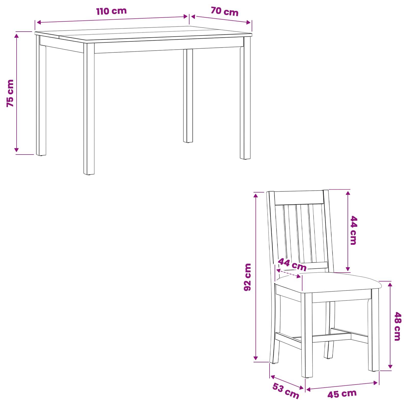 Abmessungsdiagramm eines Tisches und Stuhls: Tisch 110 cm x 70 cm, 75 cm hoch; Stuhl 53 cm x 45 cm, 48 cm Sitzhöhe, 92 cm Gesamthöhe, 44 cm breite Rückenlehne.