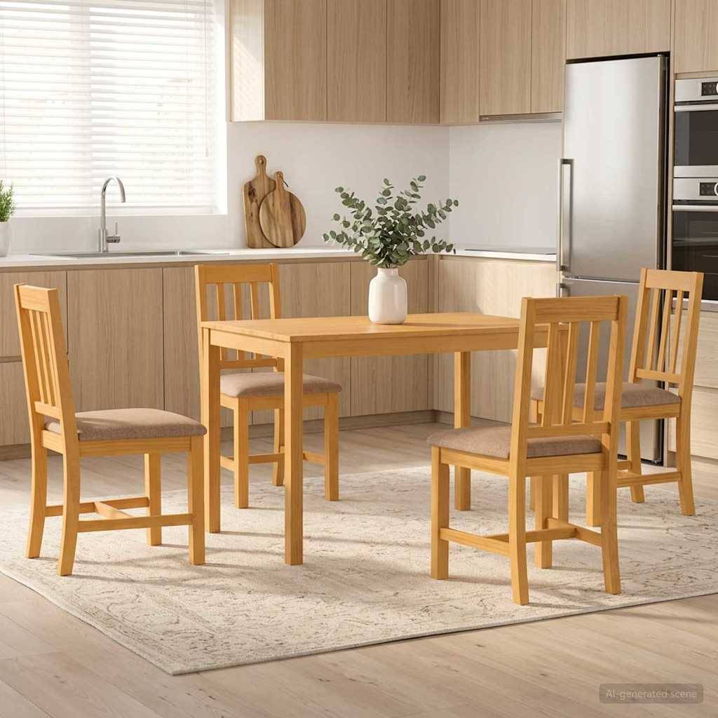 Moderne Küchen- und Esszimmfläche mit einem Holztisch, vier Stühlen, Vasenmittelstück, hellen Schränken, Edelstahlkühlschrank und hellem Fenster