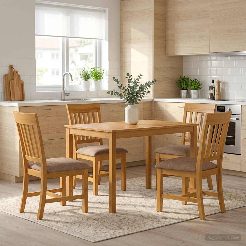 Ein helles Küchen-Essbereich mit einem Holztisch, vier Stühlen, einer Vasenmittelstückverzierung und einem Fenster über der Spüle.