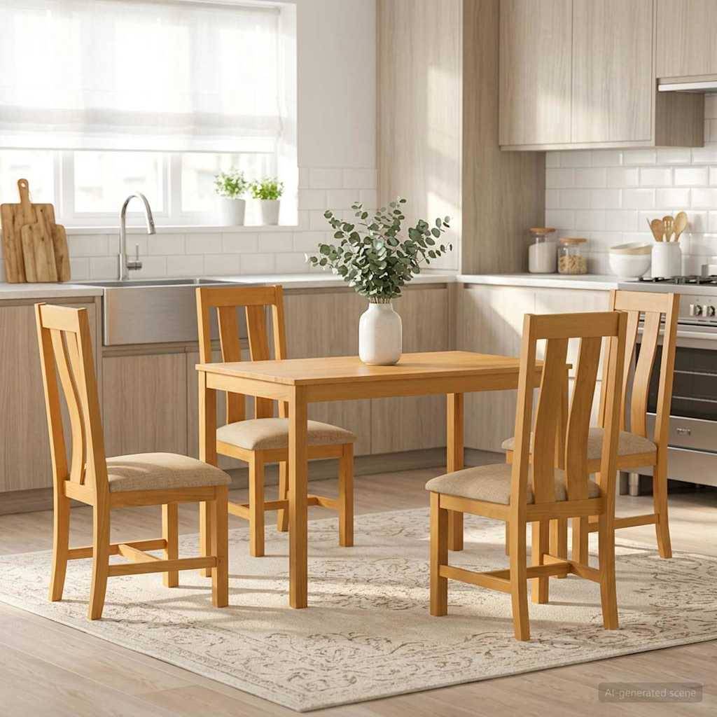Moderner Essbereich mit vier Holzstühlen um einen kleinen Holztisch, auf einem Teppich in einer hellen Küche mit hellem Holz-Schränken und einer Vase als Mittelpunkt.