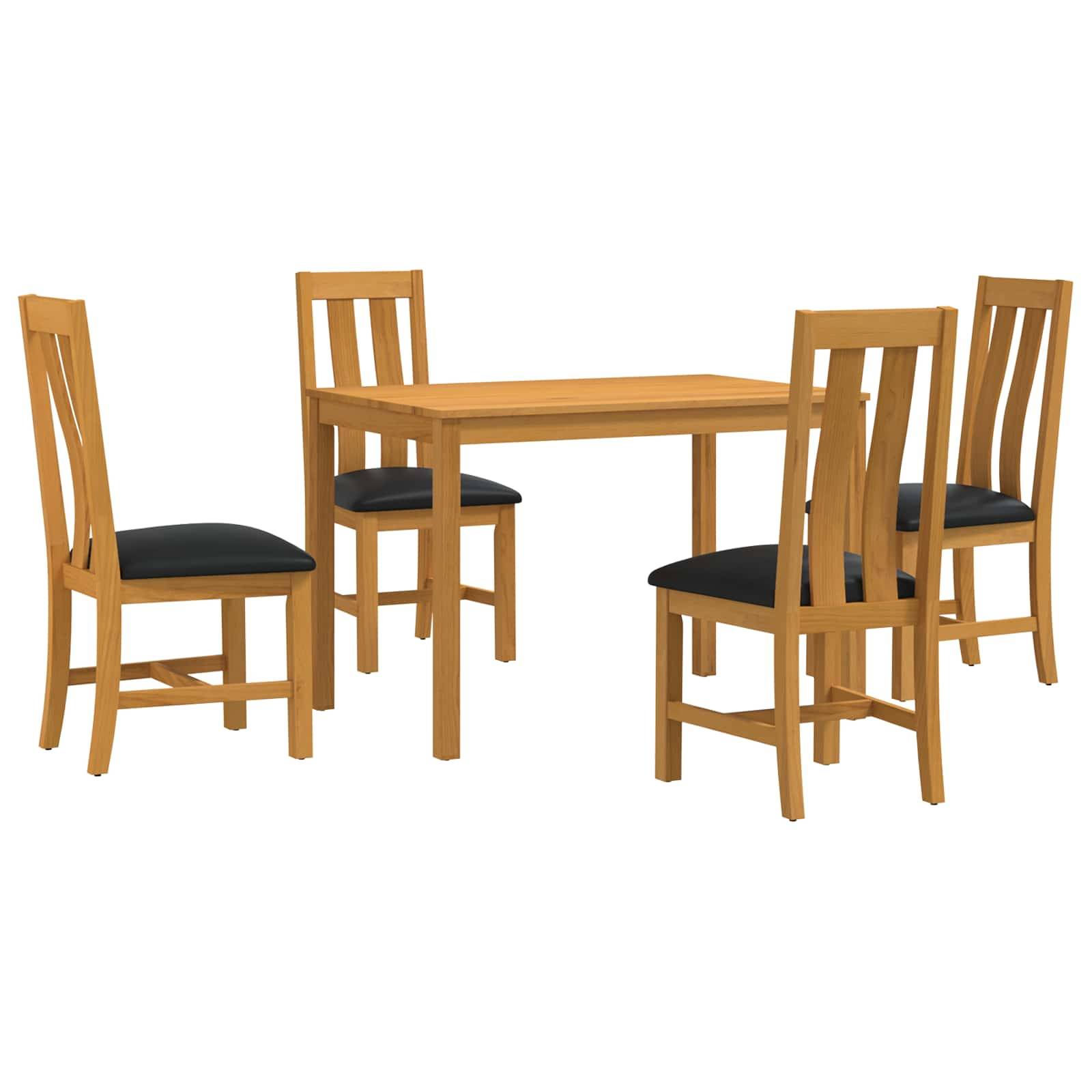 Holztisch zum Essen mit vier passenden Stühlen und schwarzen gepolsterten Sitzen auf weißem Hintergrund.