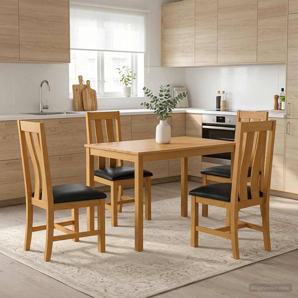 Moderne Küche mit einem Holzesstisch, vier Stühlen und einer Vase mit Grünpflanzen auf einem hellen Teppich.