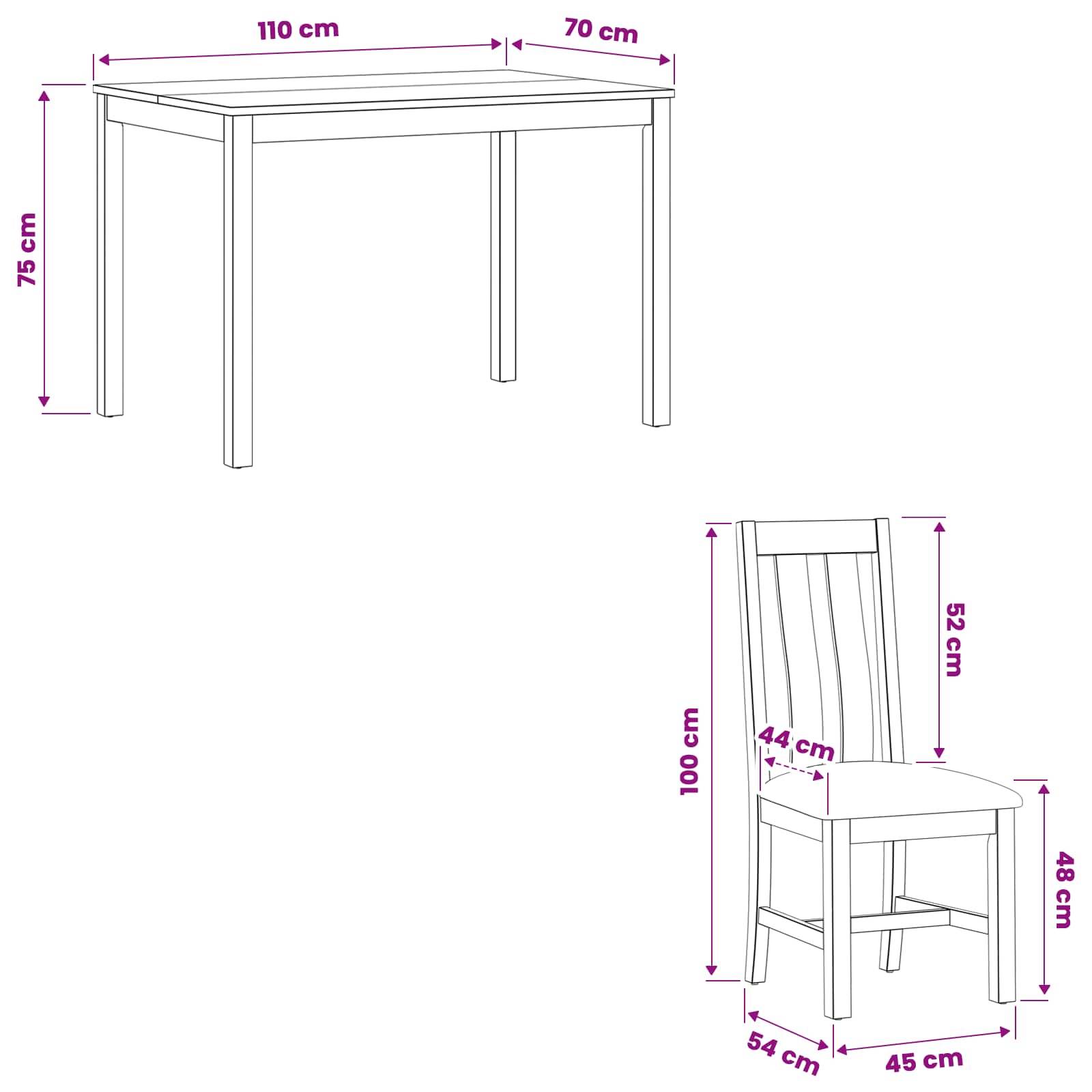Maßstabszeichnung eines Tisches und eines Stuhls: Tisch 110 cm mal 70 cm, 75 cm hoch; Stuhl 54 cm mal 45 cm, 100 cm hoch mit 52 cm Rückenlehne und 48 cm Sitzhöhe.
