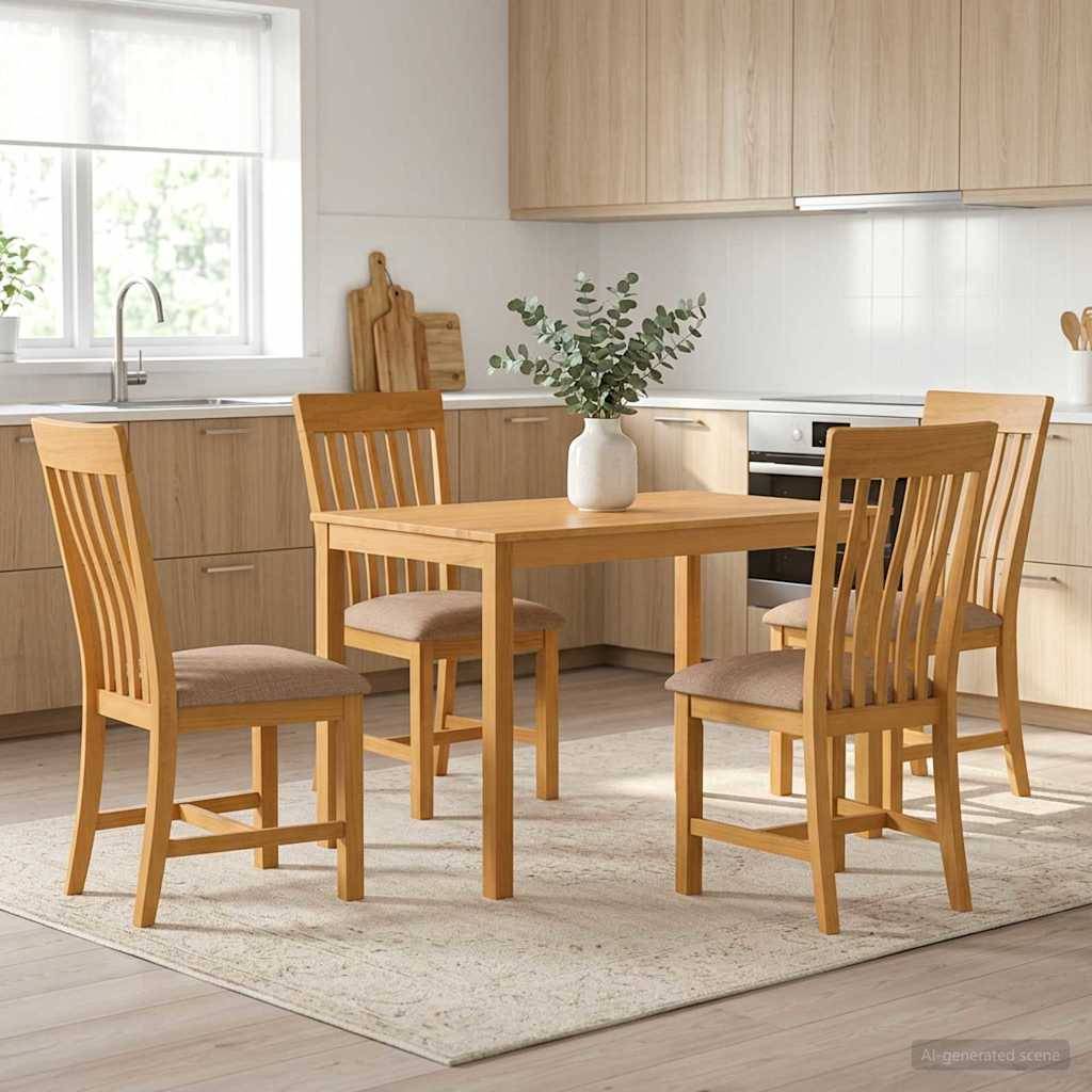Minimales Esszimmer-Set mit einem quadratischen Holztisch, vier Stühlen und einer Vase als Tischmitte in einer hellen modernen Küche.