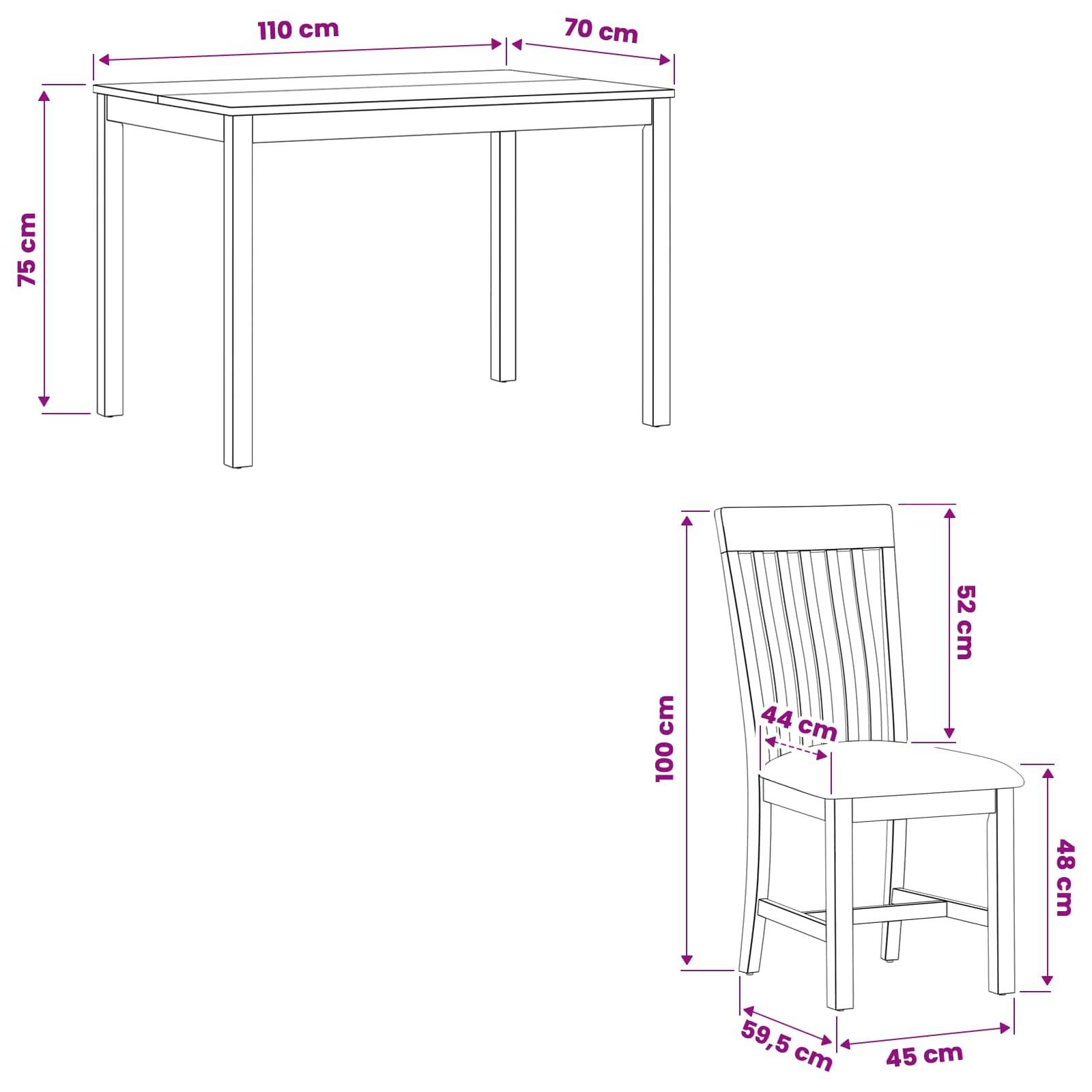 Möbelmaßstabzeichnung mit einem rechteckigen Tisch 110 x 70 cm, 75 cm Höhe, und einem passenden Stuhl mit 100 cm Rückenhöhe, 52 cm Sitz-/Rückenlehne, 48 cm Sitzhöhe und 45 x 39,5 cm Grundfläche.