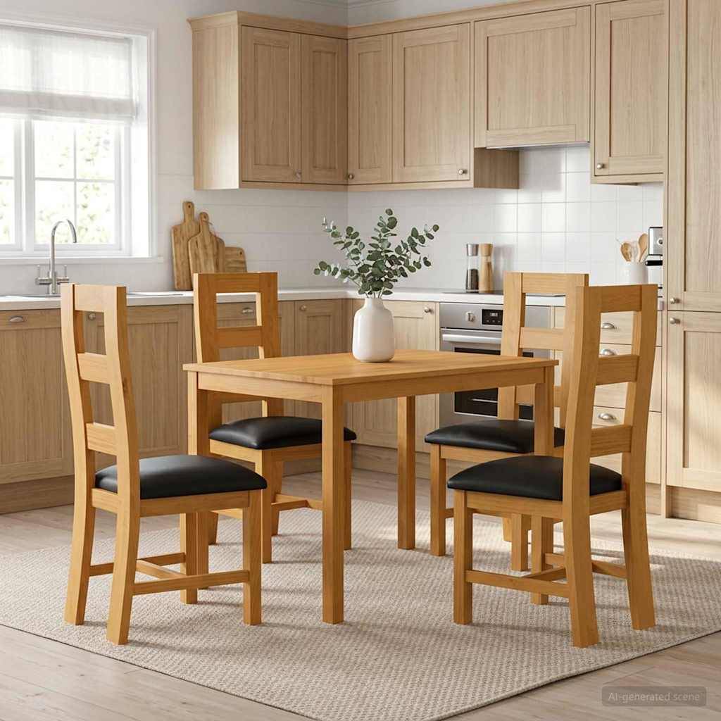 Helles Holz Küchen-Esszimmer Set mit vier Stühlen um einen quadratischen Tisch herum, eine Vase als Tischmitte, in einer hellen modernen Küche.