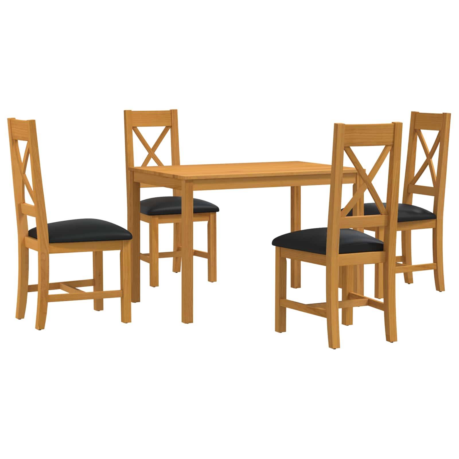 Speisezimmer-Set aus Holz mit einem rechteckigen Tisch und vier passenden Stühlen mit schwarzen Kissen auf weißem Hintergrund.