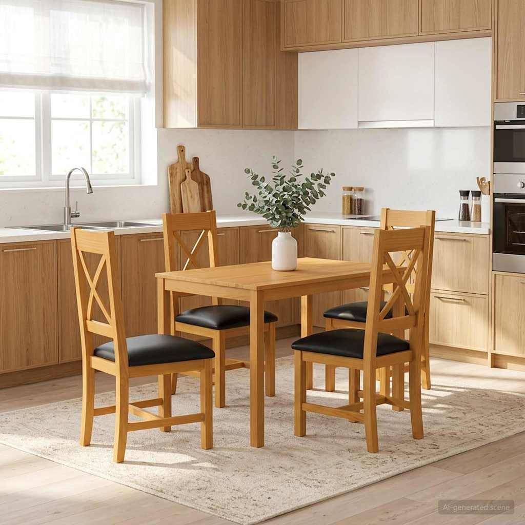 Helle moderne Küche mit Holztisch und vier Stühlen auf einem hellen Teppich, neben einem Fenster und Holzschränken; minimalistisches, aufgeräumtes Ambiente.