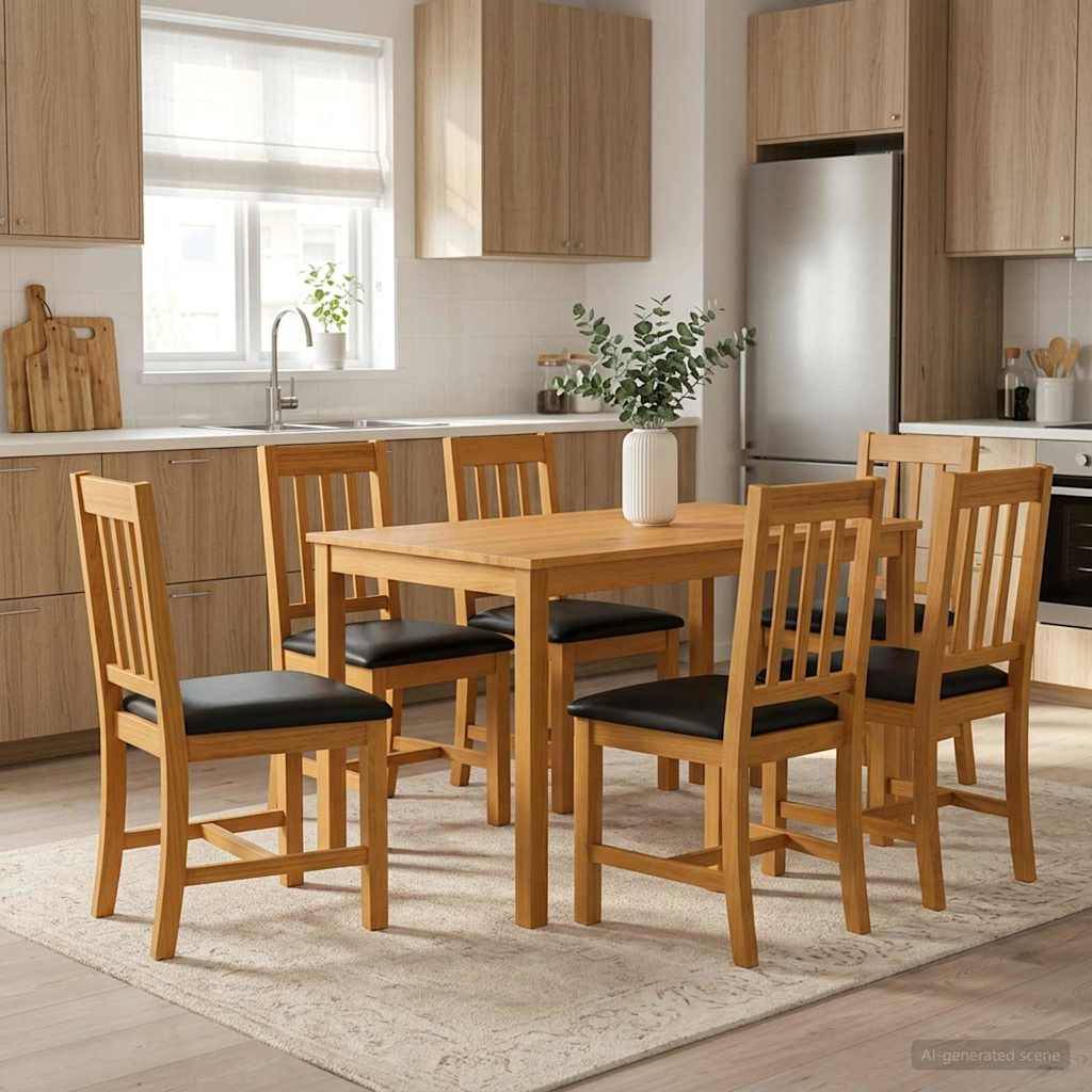 Moderner Küchen-Essbereich mit einem Holztisch und sechs Stühlen auf einem Teppich, einer Vase als Mittelpunkt, Edelstahlkühlschrank und hellholzfarbigen Schränken.