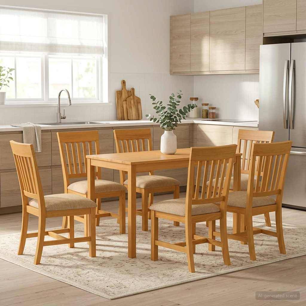 Holzesstisch mit sechs passenden Stühlen in einer hellen, modernen Küche, zentriert auf einem hellen Teppich mit einer Vase und einem Fenster mit Spüle dahinter.