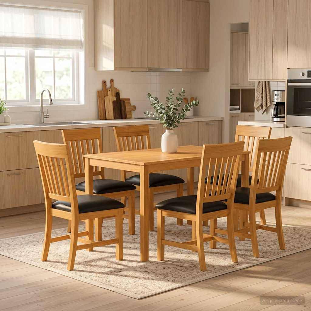 Moderne Küche mit einem Holzesstisch und sechs Stühlen auf einem Teppich, mit einer Vase als Mittelpunkt in der Nähe eines hellen Fensters und Schränken.