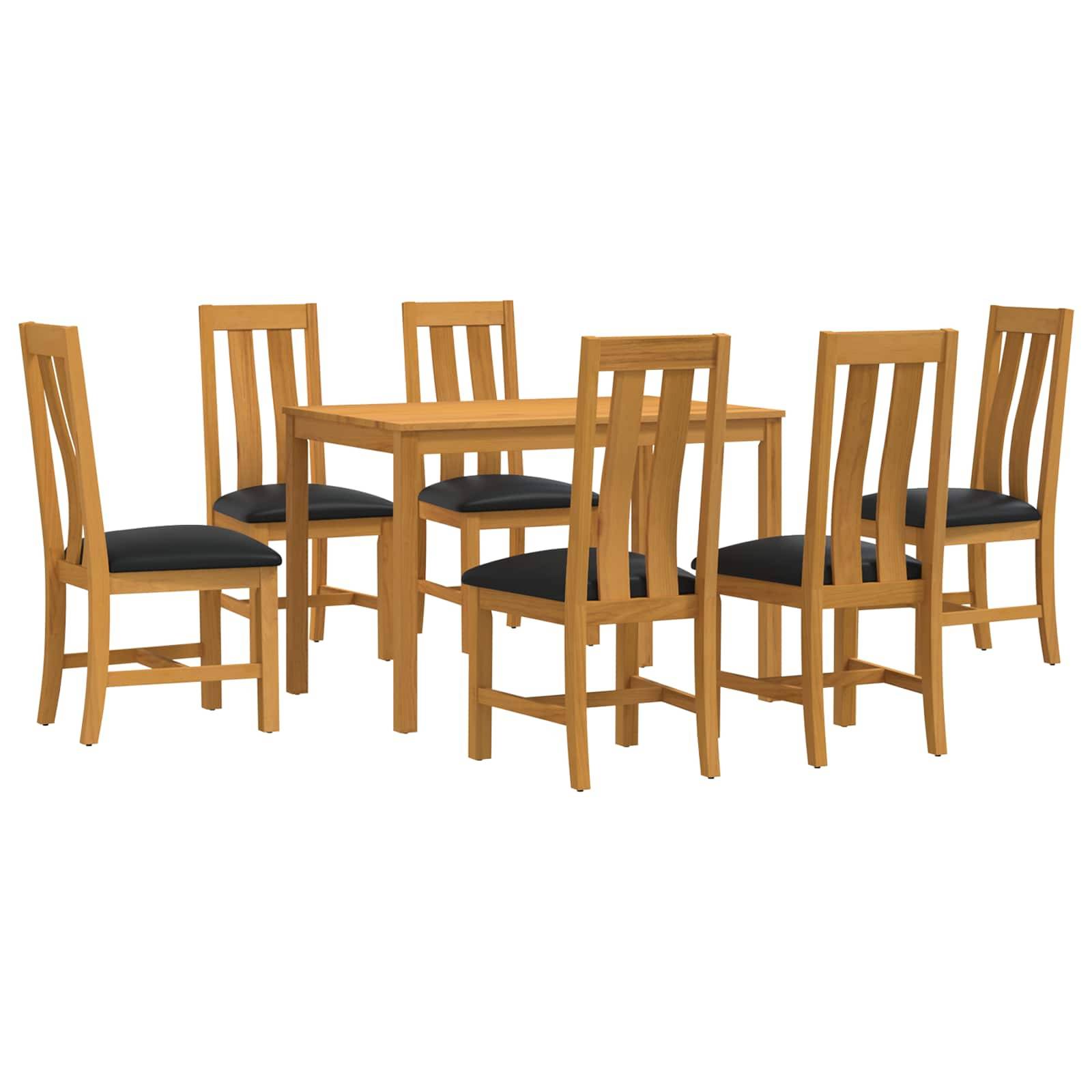 Holztisch mit sechs passenden Stühlen, jeder mit dunklen Sitzkissen, auf weißem Hintergrund abgebildet.
