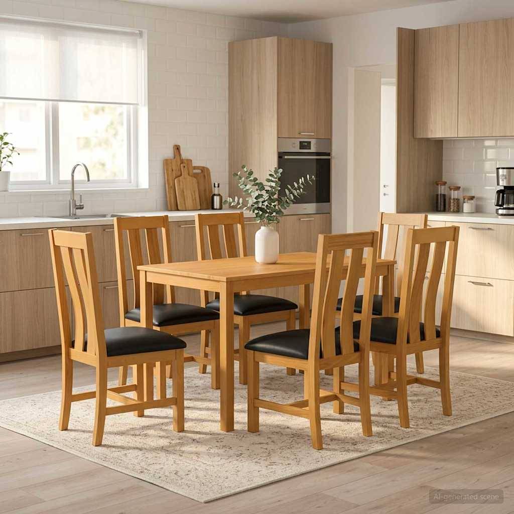 Holzessistisch mit sechs passenden Stühlen in einer hellen modernen Küche, mit einer Vase als Mittelpunkt auf einem Teppich.