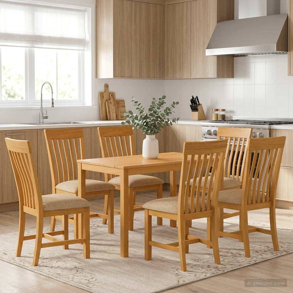 Eine helle moderne Küche mit einem Holzesstisch, sechs Stühlen und einer Vase mit Grünpflanzen auf einem Teppich in der Nähe von Herd und Spüle.