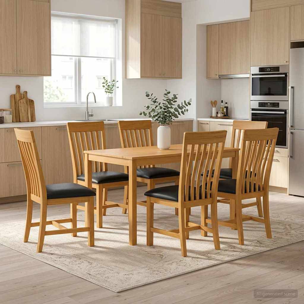 Moderne Küche mit einem Holzesstisch und sechs Stühlen auf einem hellen Teppich, zentriert in einem hellen Raum mit hellholzfarbenen Schränken und eingebautem Ofen.