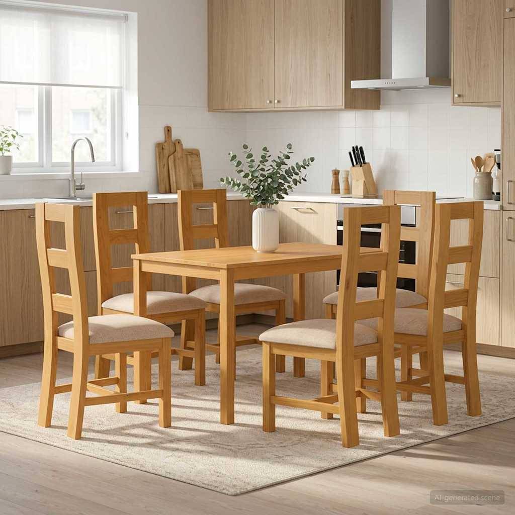 Holzspeisetisch mit sechs passenden Stühlen in einer hellen, modernen Küche.