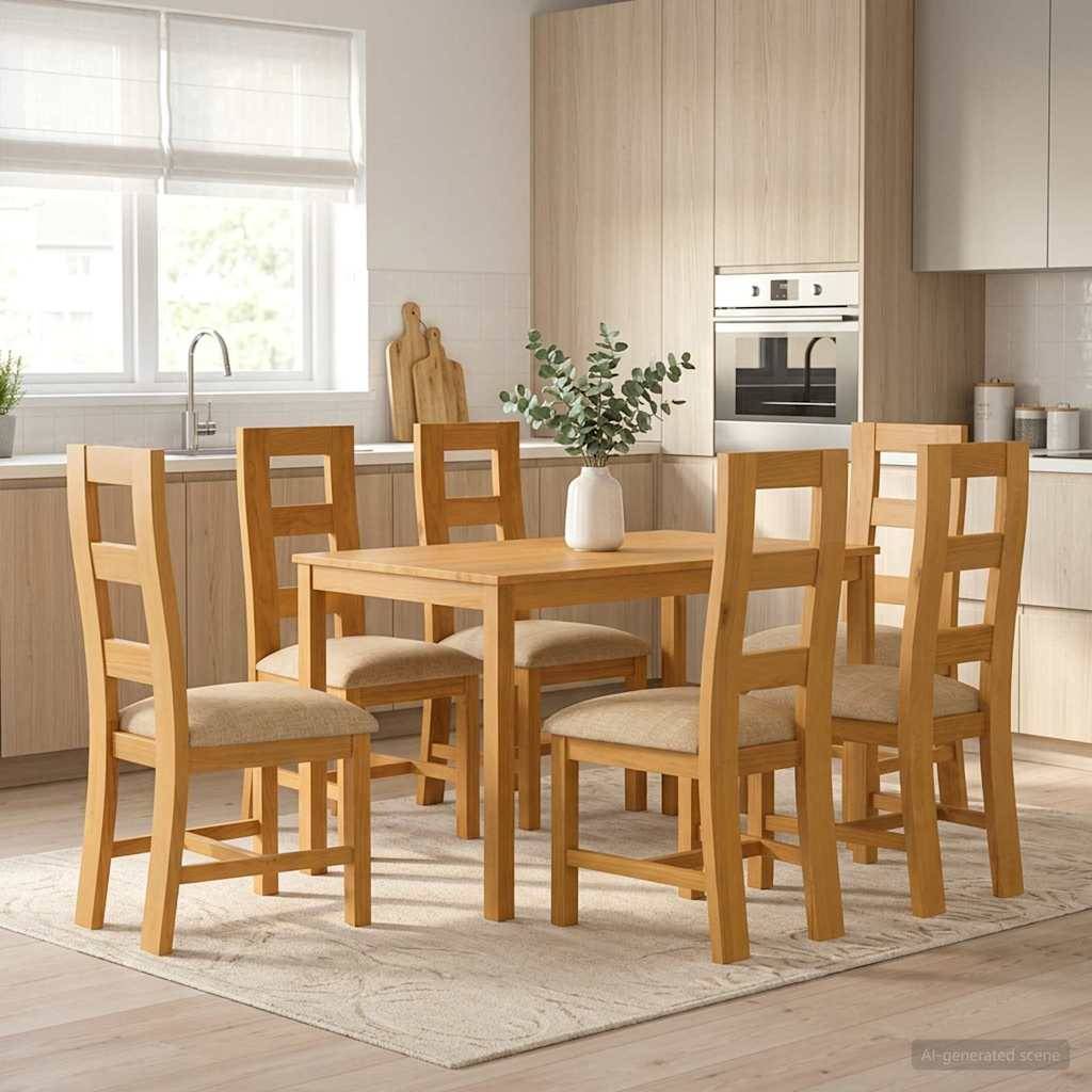 Modernes Esszimmer mit einem hellem Holztisch, sechs passenden Stühlen und einer Vase als Mittelstück in einer hellen Küchenumgebung