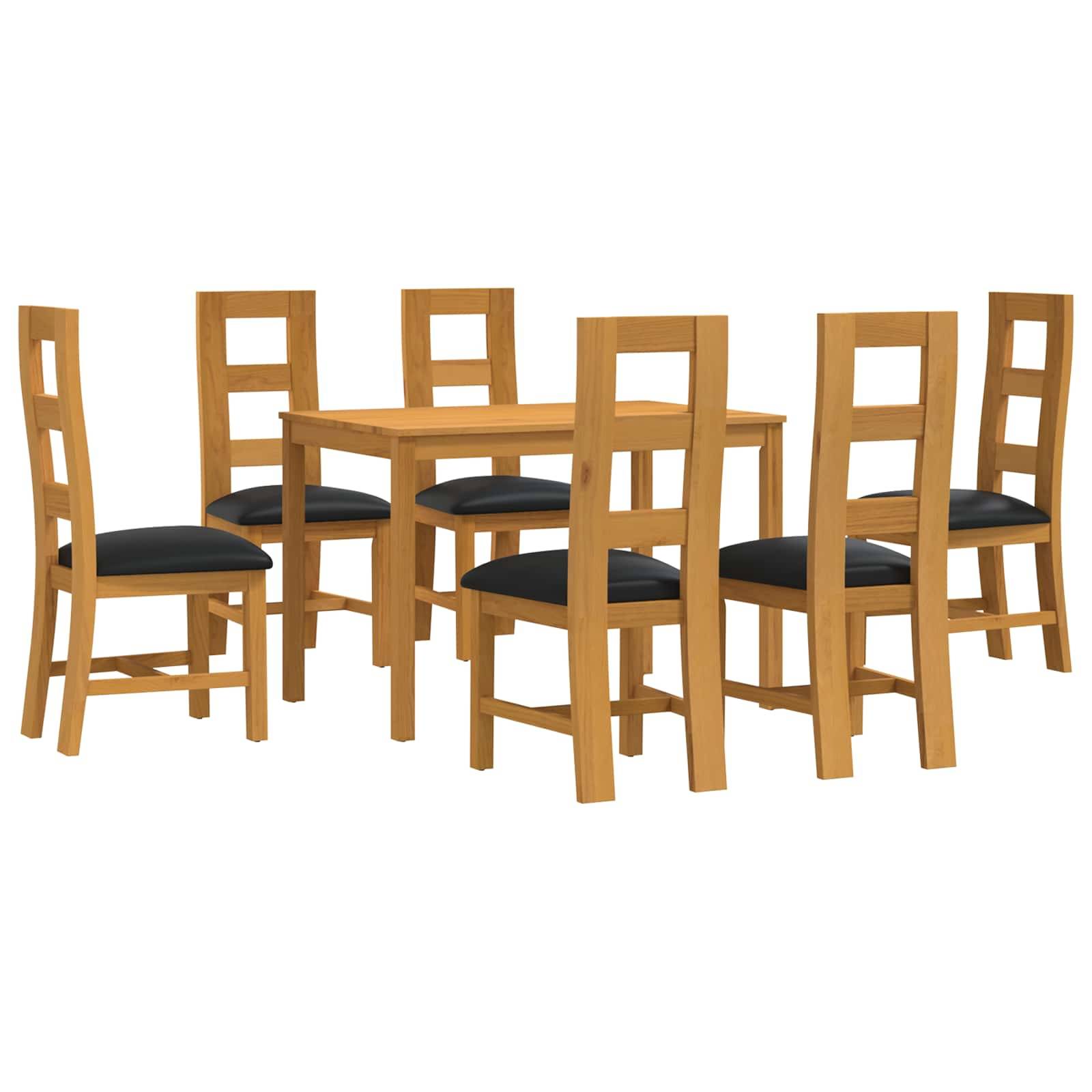 Holztisch zum Essen mit sechs passenden Stühlen, auf weißem Hintergrund dargestellt.