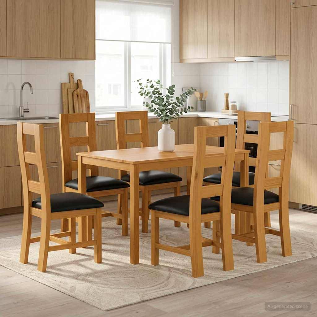 Modernes Esszimmer mit einem Holztisch, sechs Stühlen und einer Blumenvase als Tischdekoration in einem hellen Kücheninterieur.