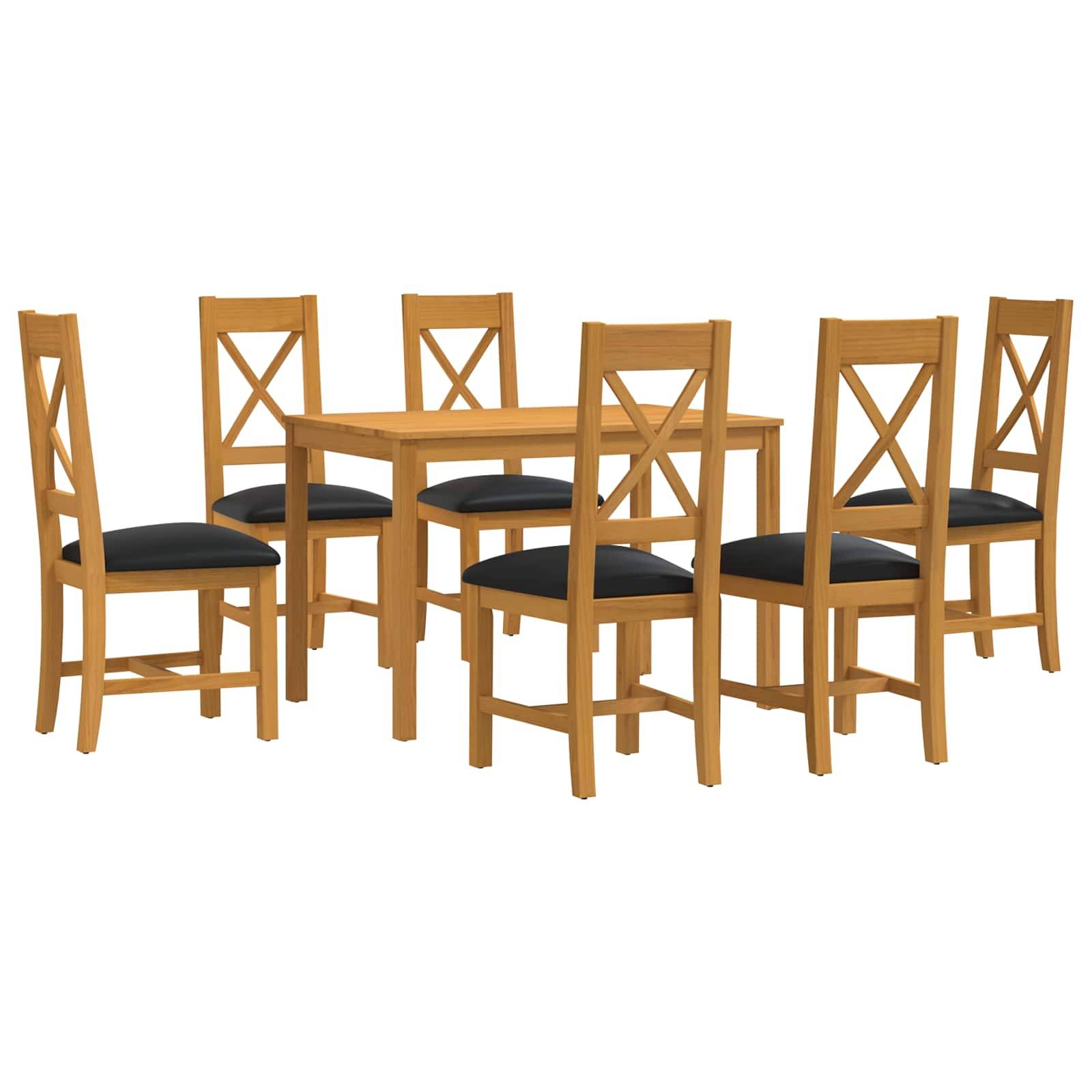 Holzesstisch mit sechs passenden Stühlen, gezeigt auf einer Produktabbildung mit weißem Hintergrund.