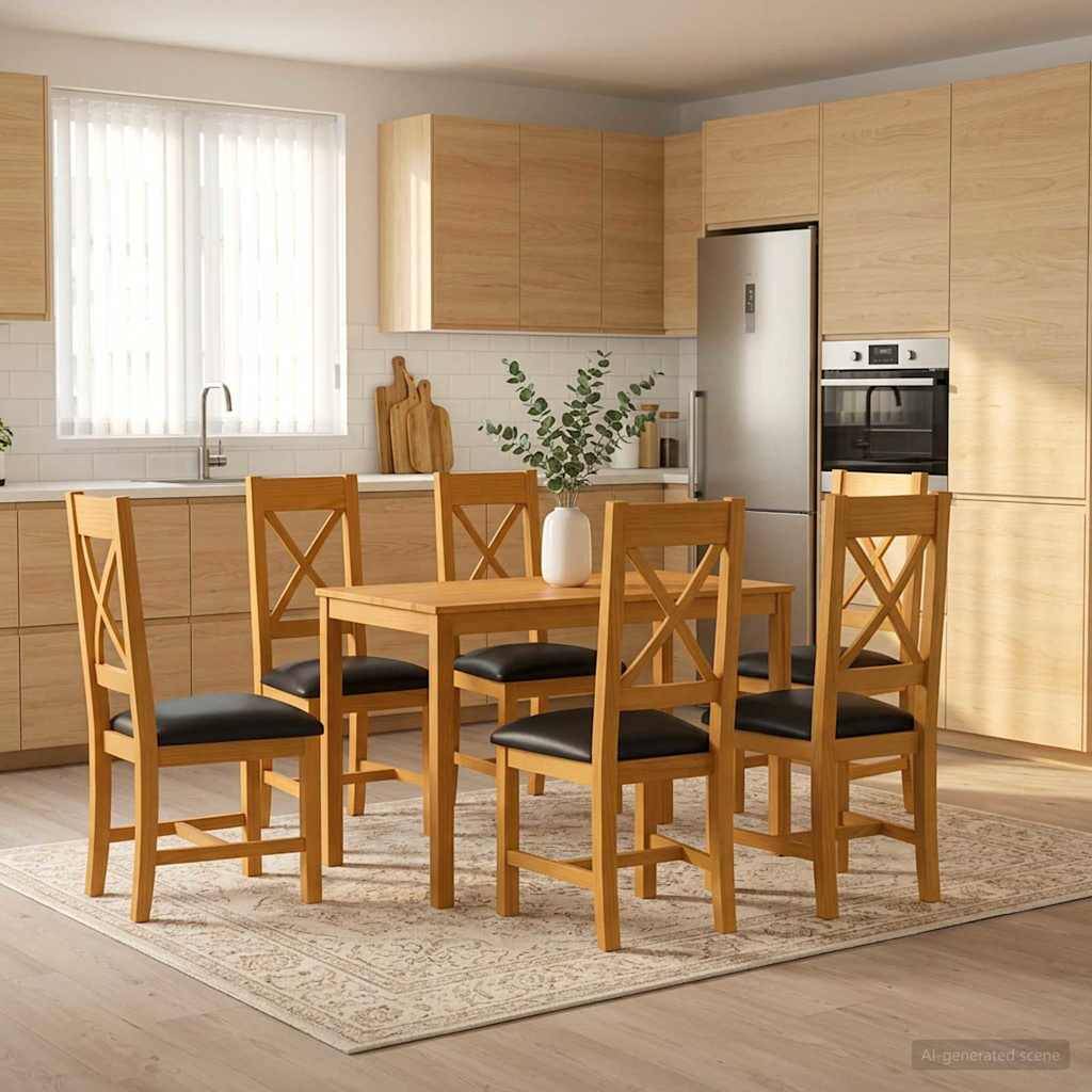 Moderner Küchen-Essbereich mit einem Holztisch und sechs Stühlen auf einem Teppich, hellen Holzschränken, Edelstahl-Kühlschrank und Ofen sowie einer Vase als Tischmitte.