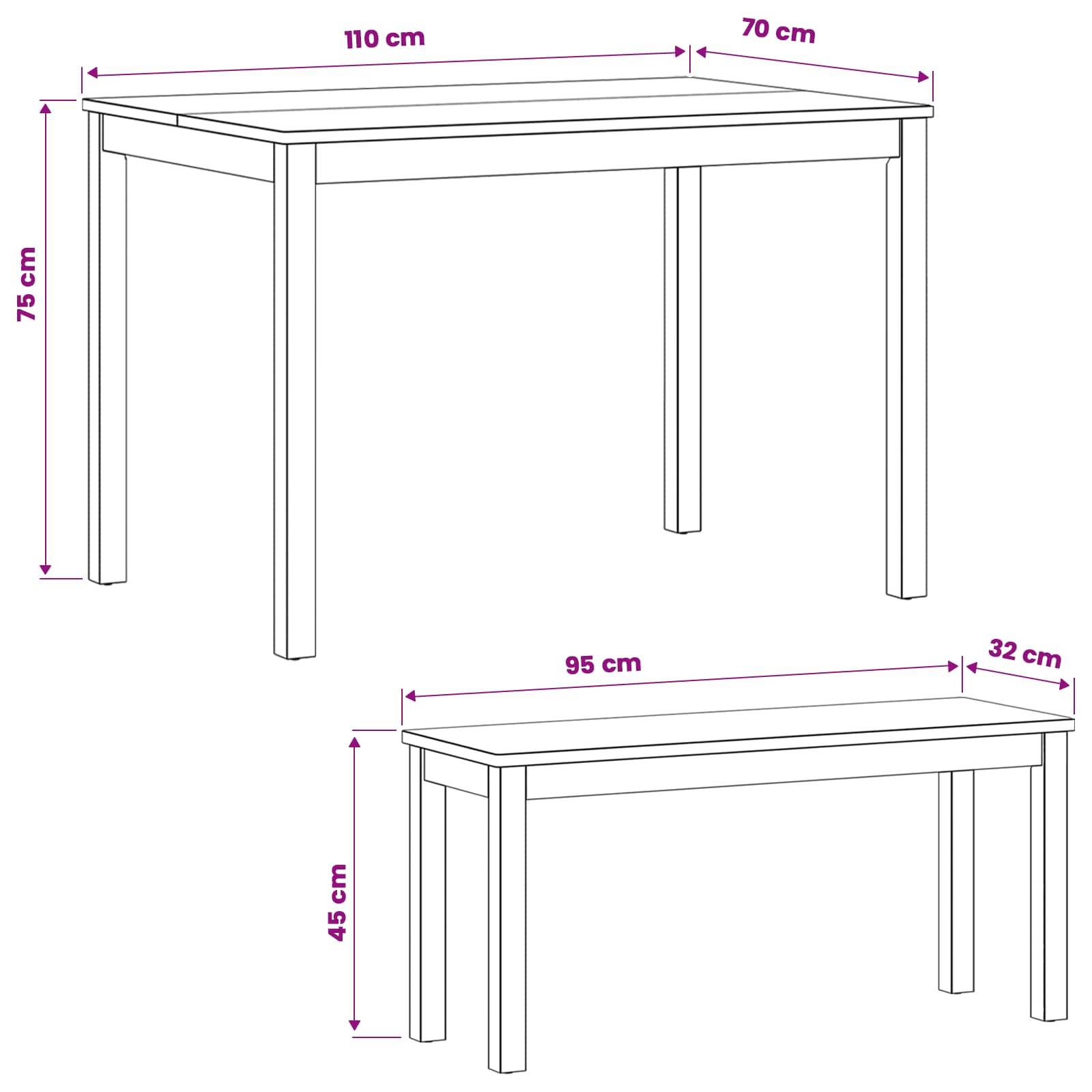 Diagramm eines rechteckigen Tisches mit zwei Größenoptionen: 110 x 70 x 75 cm und 95 x 32 x 45 cm.
