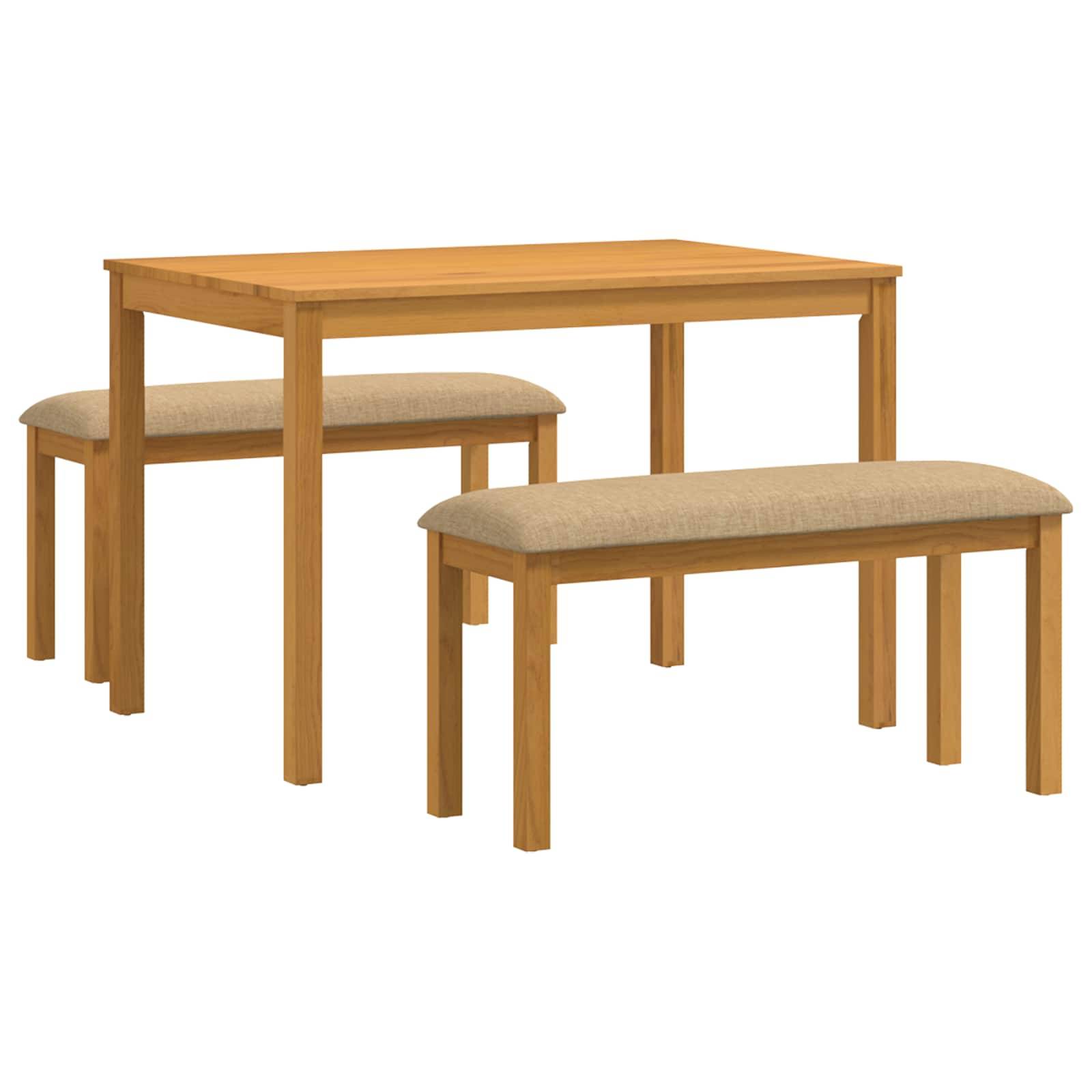 Holztisch zum Essen mit zwei gepolsterten Bänken auf weißem Hintergrund.