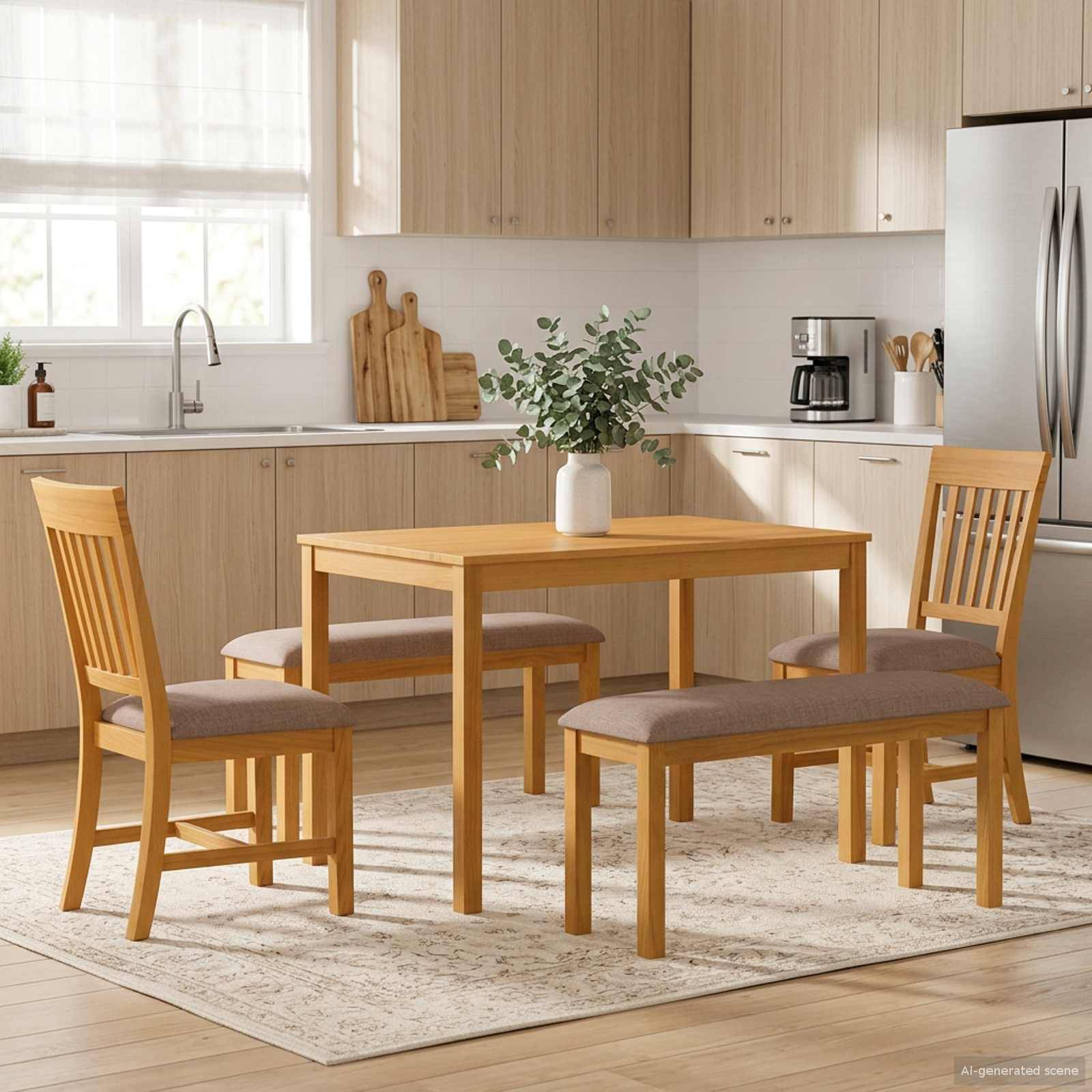 Modernes Esszimmerset aus hellem Holz mit quadratischem Tisch, vier Stühlen, zwei Bänken und einer Vase als Tischdekoration auf einem Teppich in einer hellen Küche.