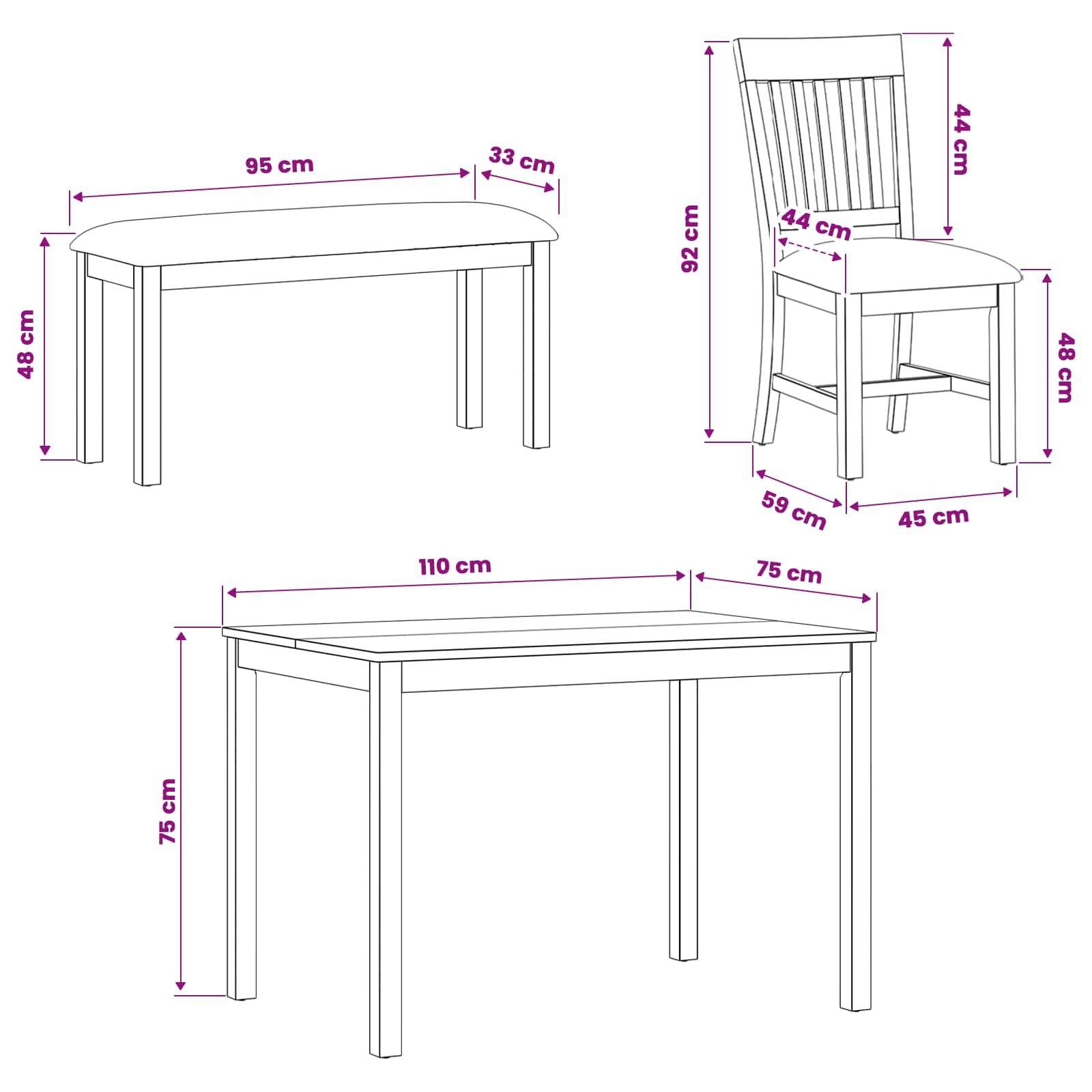 Maßstabszeichnungen einer Tisch- und Stuhlgarnitur mit Front- und Seitenansichten mit Maßangaben in cm: Tisch 95x33x48 und 110x75x75, Stuhl 59x45x92 mit 48 cm Sitzhöhe.