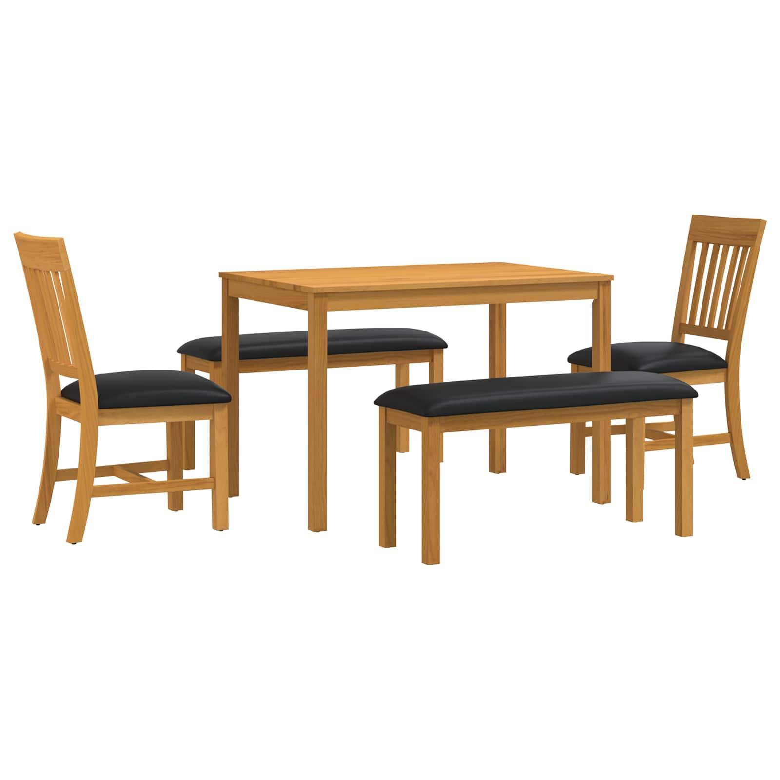 Holzspeiseset mit rechteckigem Tisch, zwei Stühlen und zwei rückenlosen Bänken auf weißem Hintergrund.