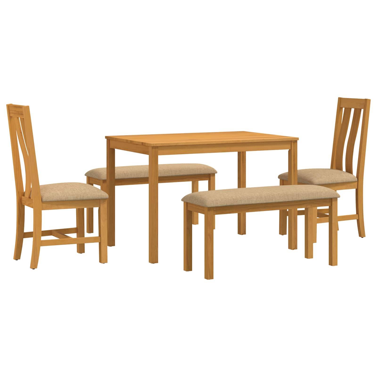 Holztisch zum Essen mit vier gepolsterten Stühlen und zwei passenden Bänken auf weißem Hintergrund.
