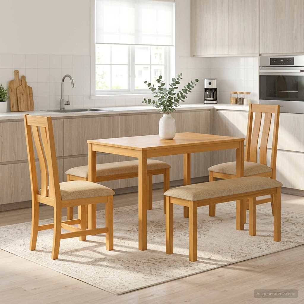 Modernes Esszimmer in einer hellen Küche: Tisch aus hellem Holz, vier Stühle, Bank und eine Vase auf einem Teppich am Fenster.