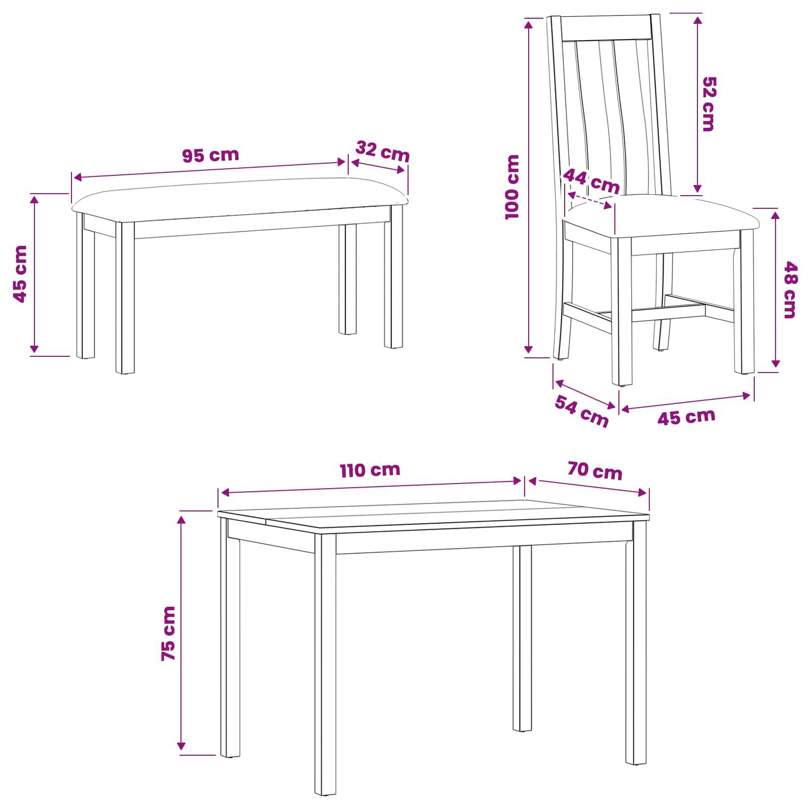 Möbeldiagramm mit Maßangaben zeigt einen Tisch und einen passenden Stuhl. Tischgrößen sind 95 x 32 x 45 cm und 110 x 70 x 75 cm; Stuhl ist 54 x 45 x 100 cm.