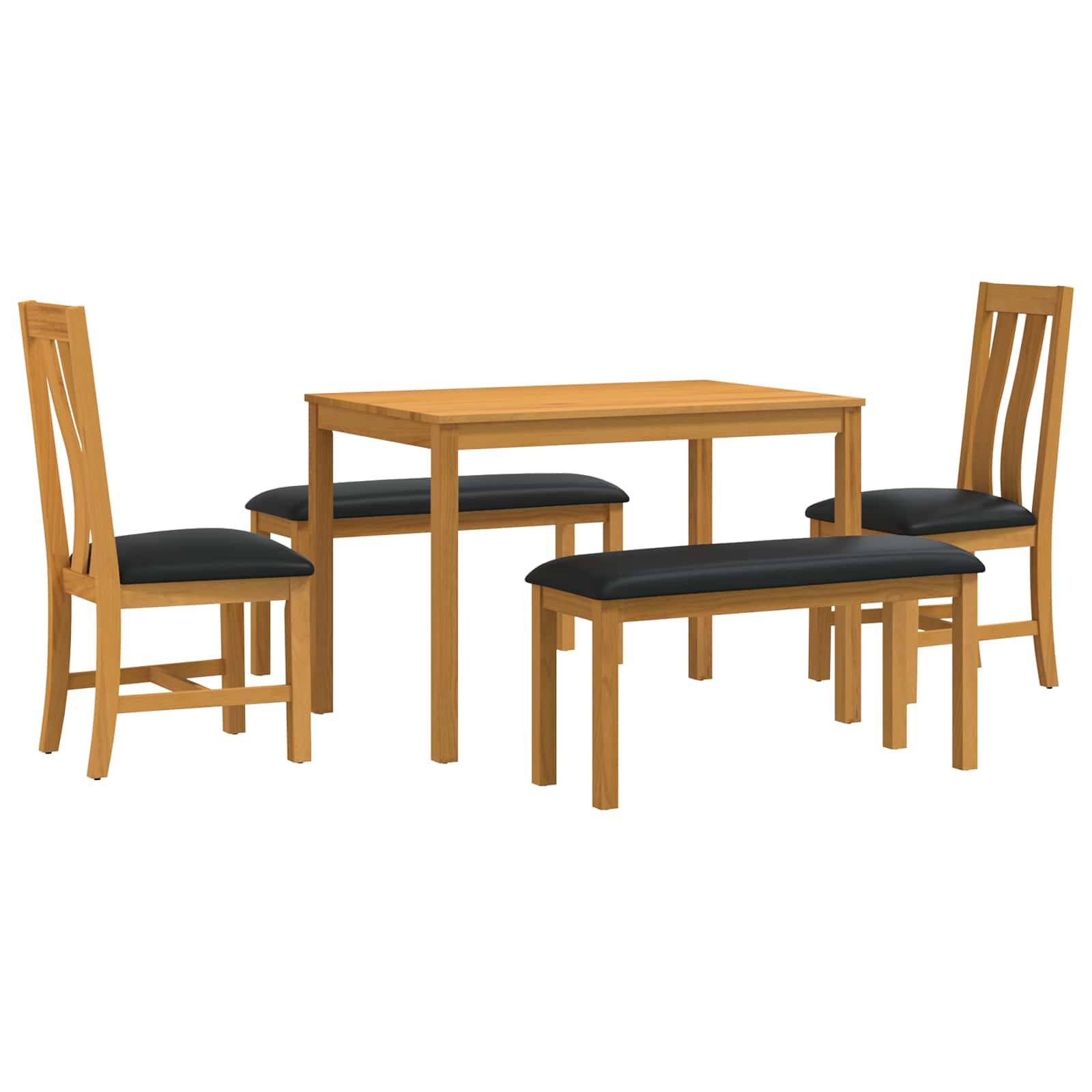 Holzesssatz mit rechteckigem Tisch, vier Stühlen und zwei Bänken mit schwarzen Sitzflächen auf weißem Hintergrund.