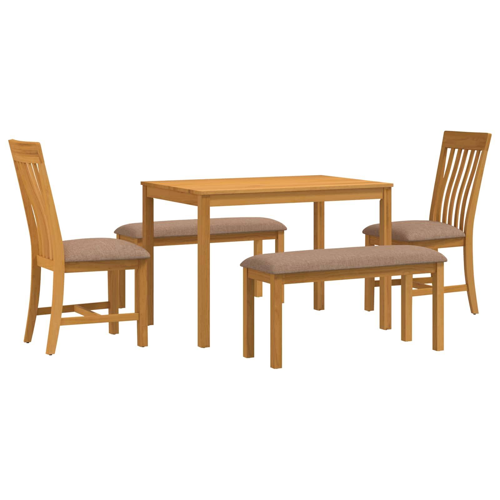 Holzspeisesatz mit einem rechteckigen Tisch, vier Stühlen und zwei passenden Bänken auf einem schlichten weißen Hintergrund.