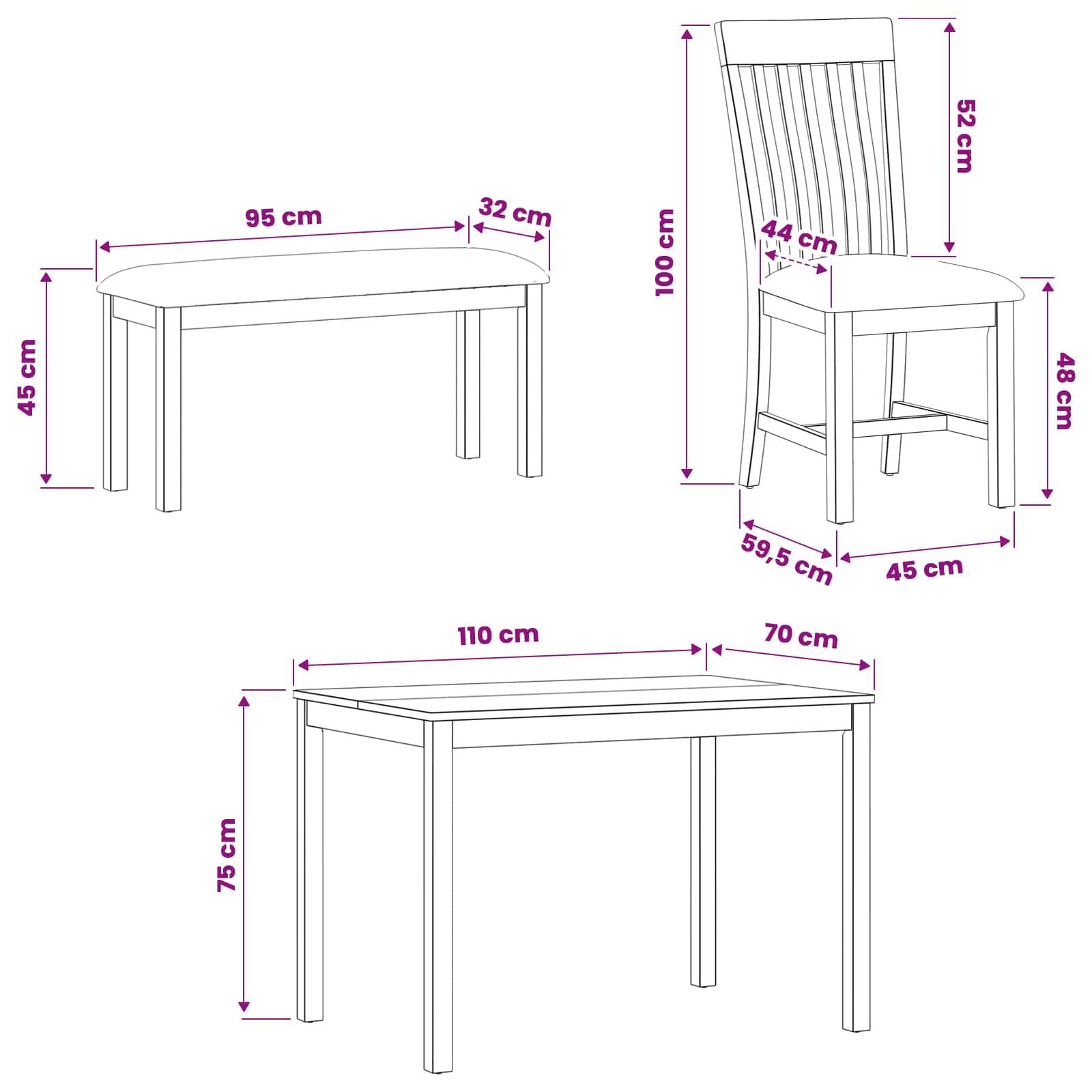 Maßstabgetreue Strichzeichnungen eines Tisches und Stuhls: Tisch 95 x 32 x 45 cm, Stuhl 59,5 x 45 x 100 cm mit 52 cm Rückenlehne, und größerer Tisch 110 x 70 x 75 cm.