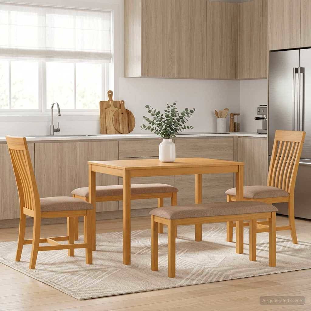 Moderner Küchen-Essbereich mit einem Holztisch, vier Stühlen und zwei Bänken auf einem hellen Teppich, neben einer minimalistischen Küche mit Fenster, Spüle und Kühlschrank.
