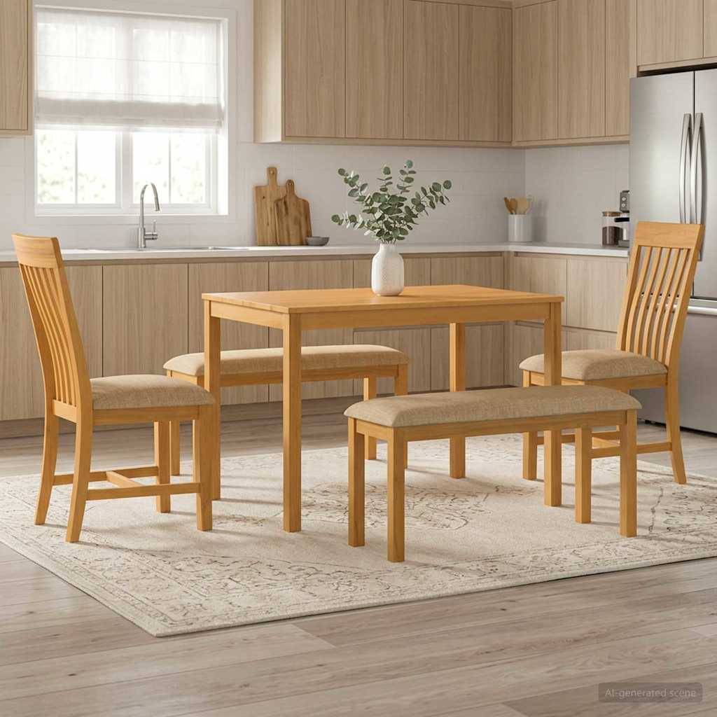 Modernes Küchen-Essset mit einem Holztisch, vier Stühlen und zwei Bänken auf einem hellen Teppich in einer hellen, minimalistischen Küche.