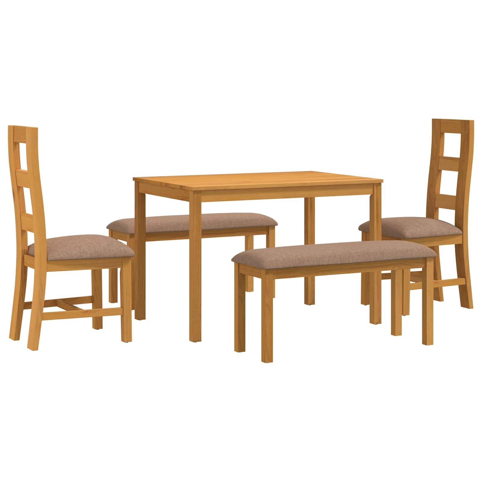 Vierteiliges Speisezimmer-Set aus Holz mit rechteckigem Tisch, zwei Stühlen und zwei Bänken auf weißem Hintergrund.